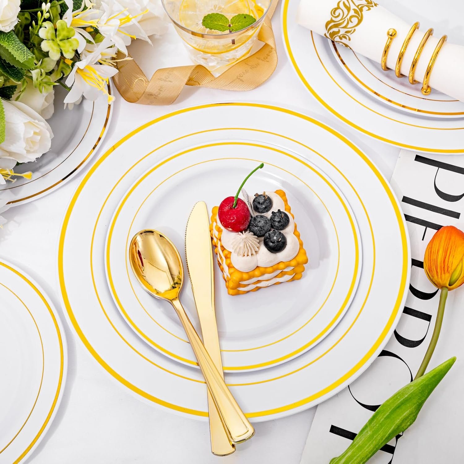 Wholesale 350Pcs Gold Dinnerware Set for 50 Guests Including 100 Disposable Plastic Plates 50 Paper Napkins 50 Cups 50 Silverware Perfect for Party Wedding Supplier Wholesale 350Pcs Gold Dinnerware Set for 50 Guests Including 100 Disposable Plastic Plates 50 Paper Napkins 50 Cups 50 Silverware Perfect for Party Wedding Supplier