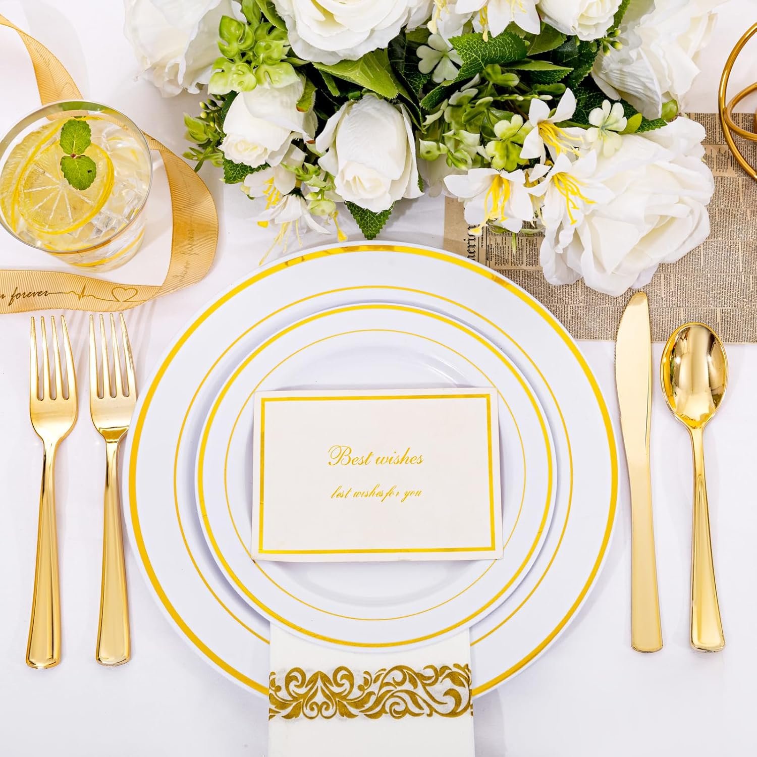 Wholesale 350Pcs Gold Dinnerware Set for 50 Guests Including 100 Disposable Plastic Plates 50 Paper Napkins 50 Cups 50 Silverware Perfect for Party Wedding Supplier Wholesale 350Pcs Gold Dinnerware Set for 50 Guests Including 100 Disposable Plastic Plates 50 Paper Napkins 50 Cups 50 Silverware Perfect for Party Wedding Supplier
