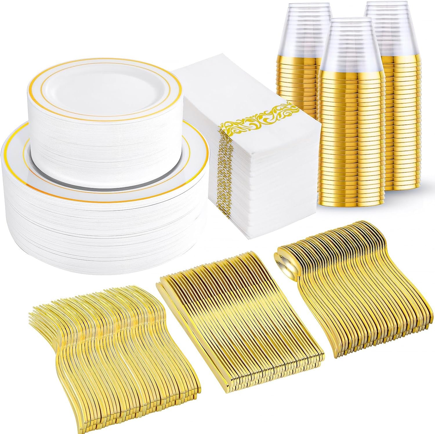 I00000 350Pcs Gold Dinnerware Set for 50 Guests, Gold Plastic Plates for Party, Include: 100 Disposable Plastic Plates, 50 Paper Napkins, 50 Cups, 50 Silverware Set Perfect for Party & Wedding