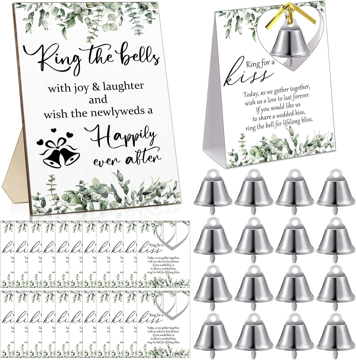 Tandefio 50 Sets Wedding Party Favors Including 1 Ring the Bells Wood Sign 50 Mini Silver Kissing Bells with 50 Seating Place Cards and Twist Ties Wedding Reception Gifts Thank You Gift for Guest