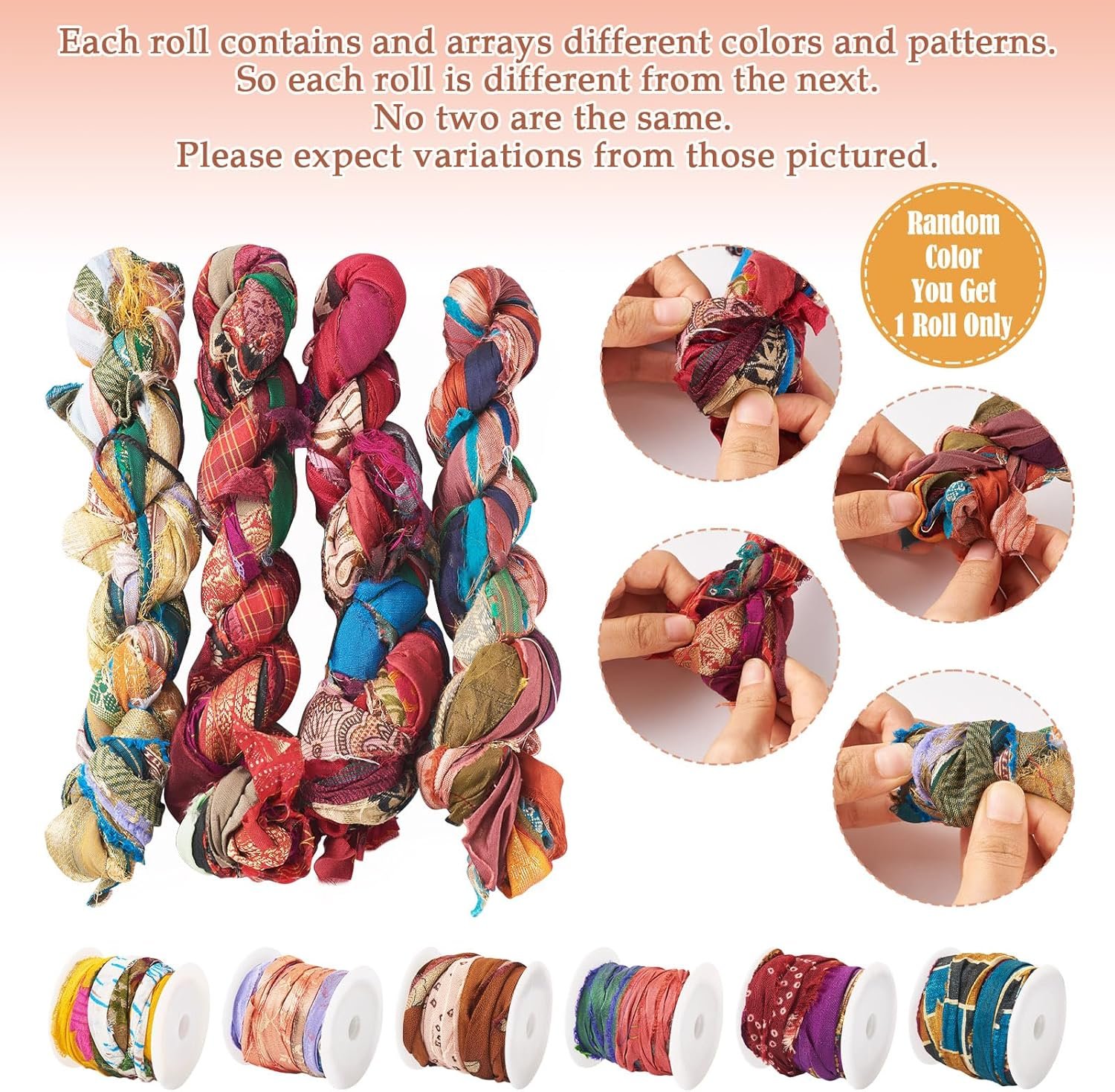 Wholesale 1 Roll Pure Sari Silk Ribbon Stripes Tie-Dye Handmade 5.47 Yards Multi Rainbow Sari Yarn for Knitting Crocheting Macrame Weaving Supplier