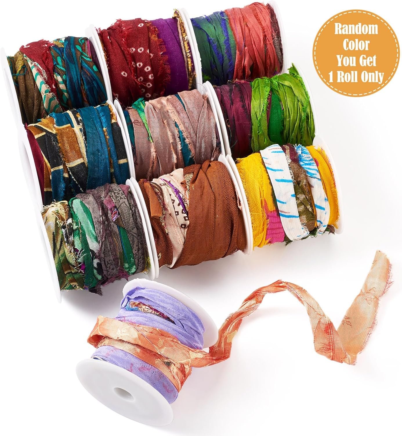 Wholesale 1 Roll Pure Sari Silk Ribbon Stripes Tie-Dye Handmade 5.47 Yards Multi Rainbow Sari Yarn for Knitting Crocheting Macrame Weaving Supplier