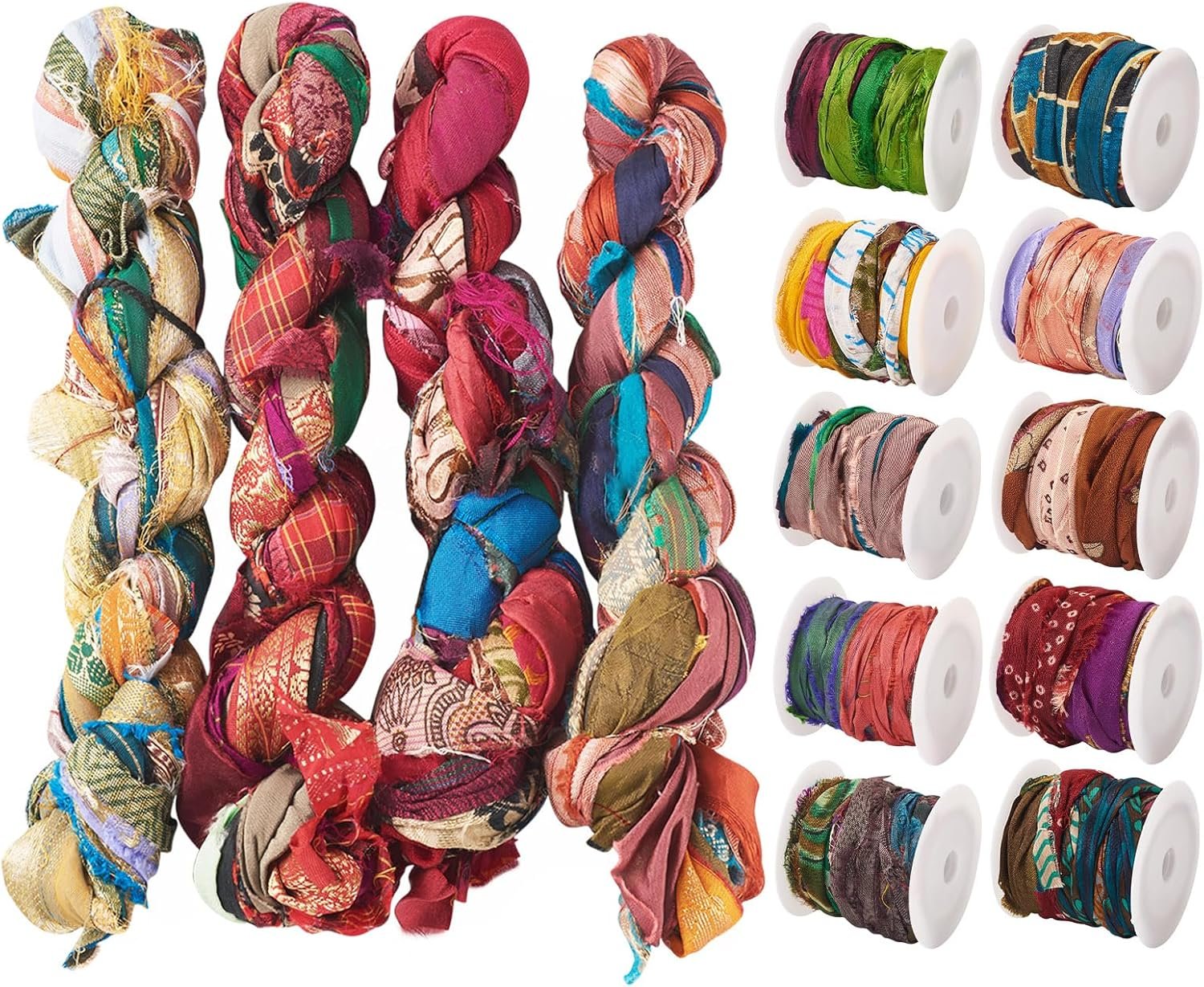 Pandahall 1 Roll Pure Sari Silk Ribbon Stripes Tie-Dye Handmade Silk Ribbon 5.47 Yards Multi Rainbow Sari Yarn for Knitting, Crocheting, Macrame, Weaving (Colorful)