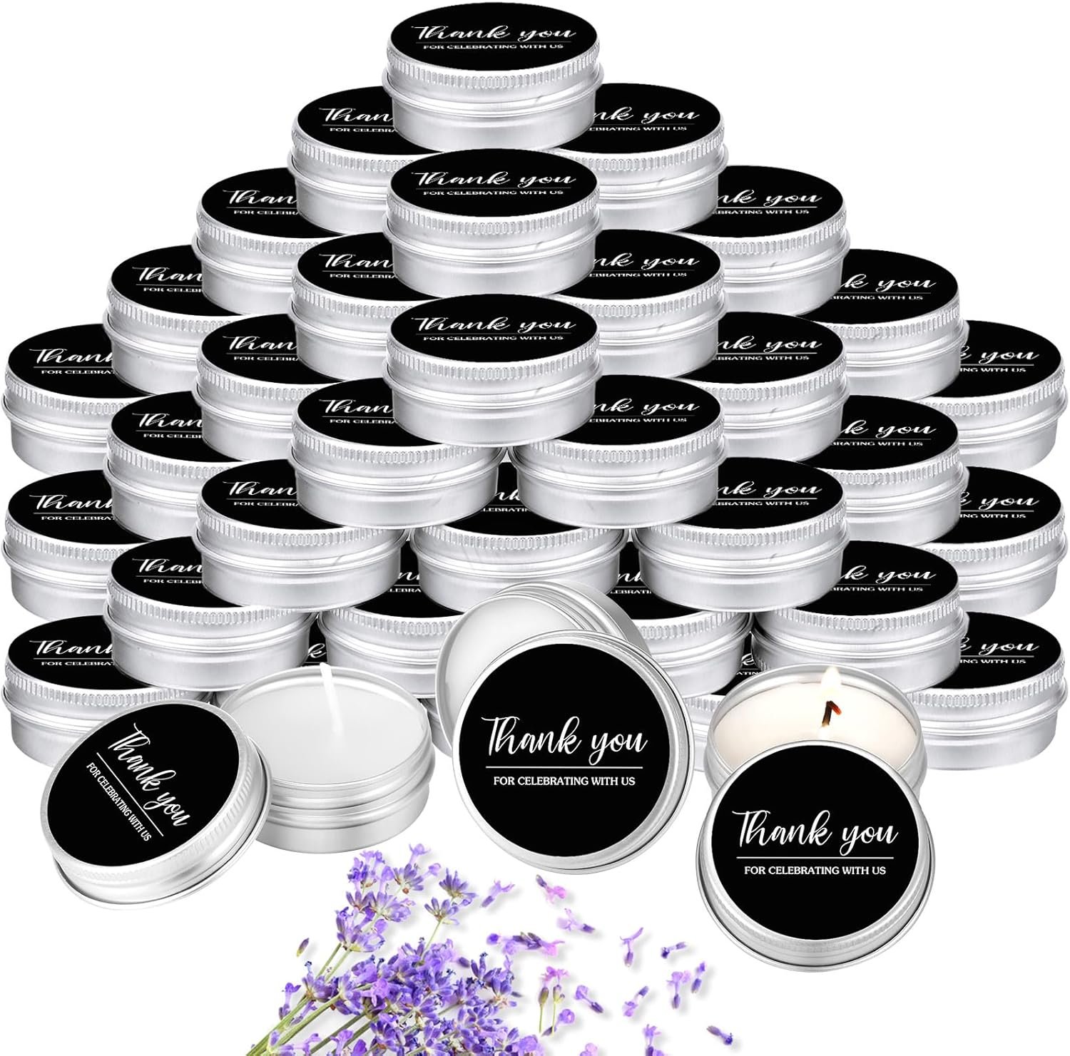 MTLEE 50 Pcs Black Wedding Candles Gifts for Guests, Bridal Shower Baby Shower Thank You Candle Favors, Mini 1 oz Lavender Scented Soy Wax Candles Bulk for Birthday Aromatherapy Party Favors