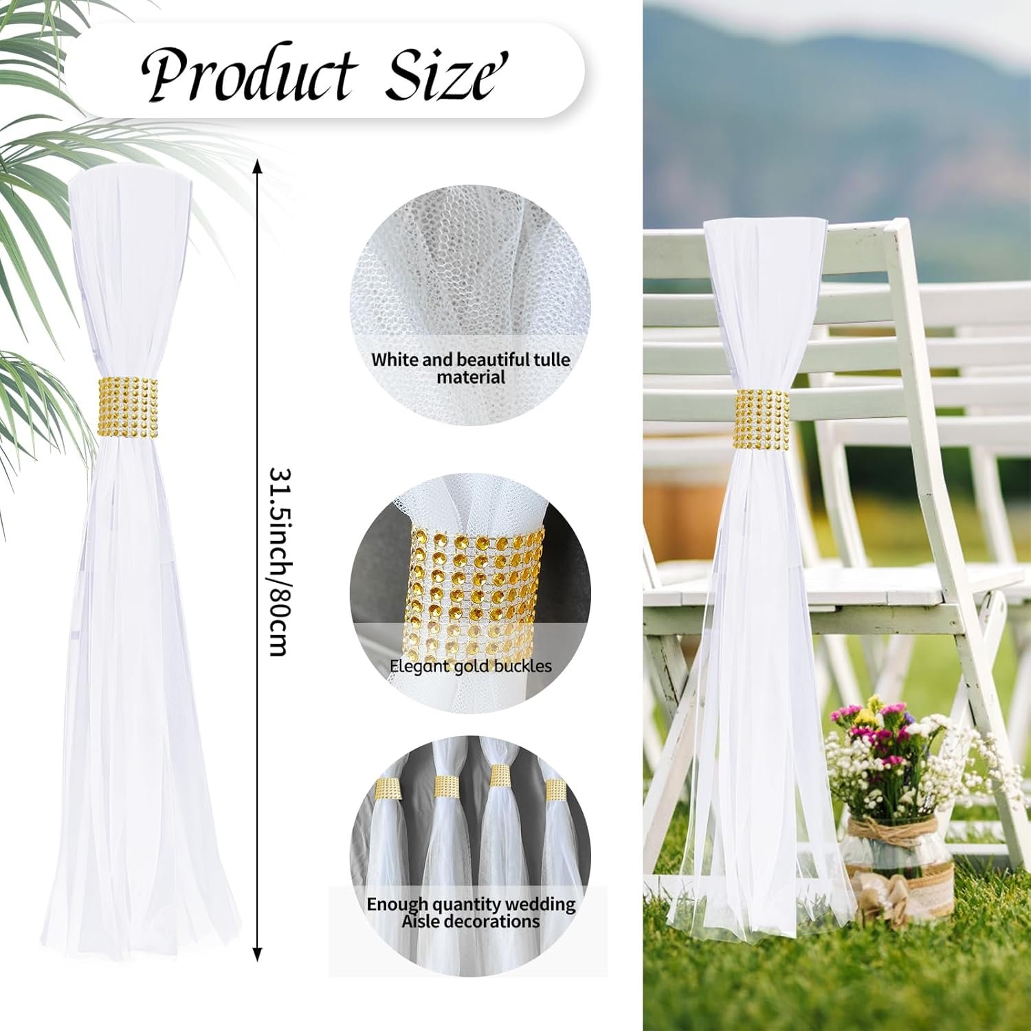 Wholesale Large White Pew Bows Tulle Wedding Aisle Chair Decorations Extended Church Pew Decor Aisle Flowers Runner for Weddings Ceremony Outside (26, Gold Wrap) Supplier