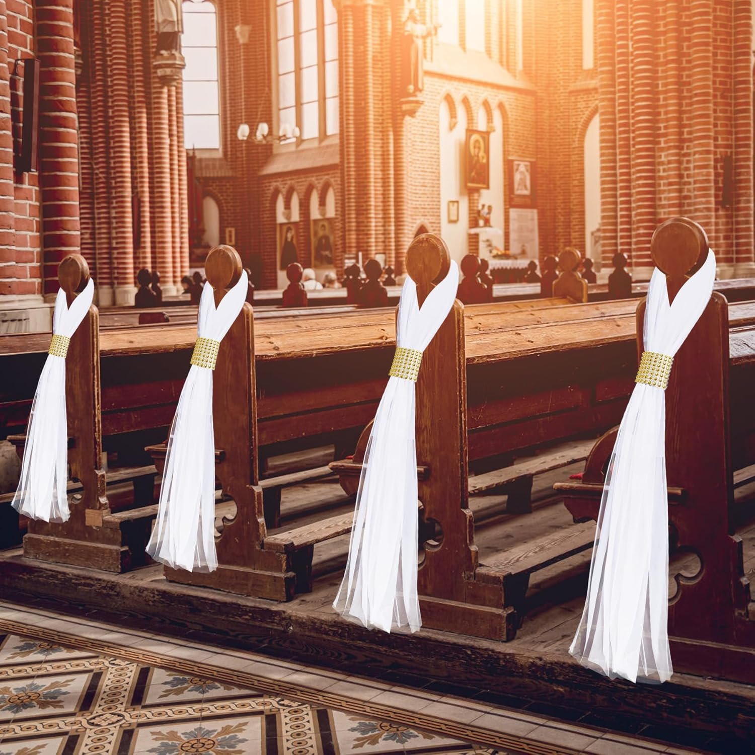 Wholesale Large White Pew Bows Tulle Wedding Aisle Chair Decorations Extended Church Pew Decor Aisle Flowers Runner for Weddings Ceremony Outside (26, Gold Wrap) Supplier