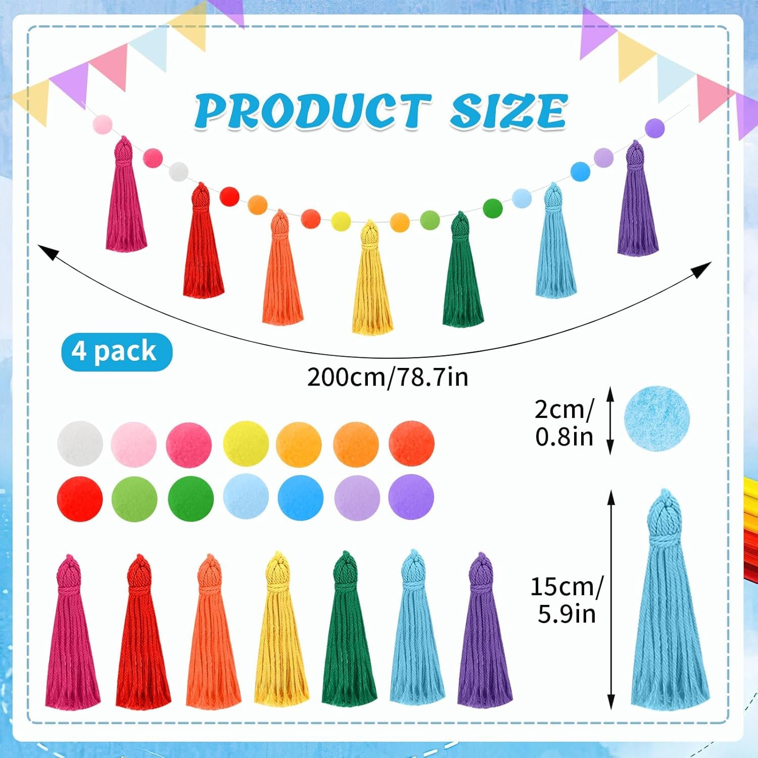 Wholesale 4 Pack 26.3 Feet Rainbow Tassel Pom Pom Garland Banner Hanging Supplies for Back to School Nursery Wall Classroom Christmas Tree Birthday Party Decor Supplier