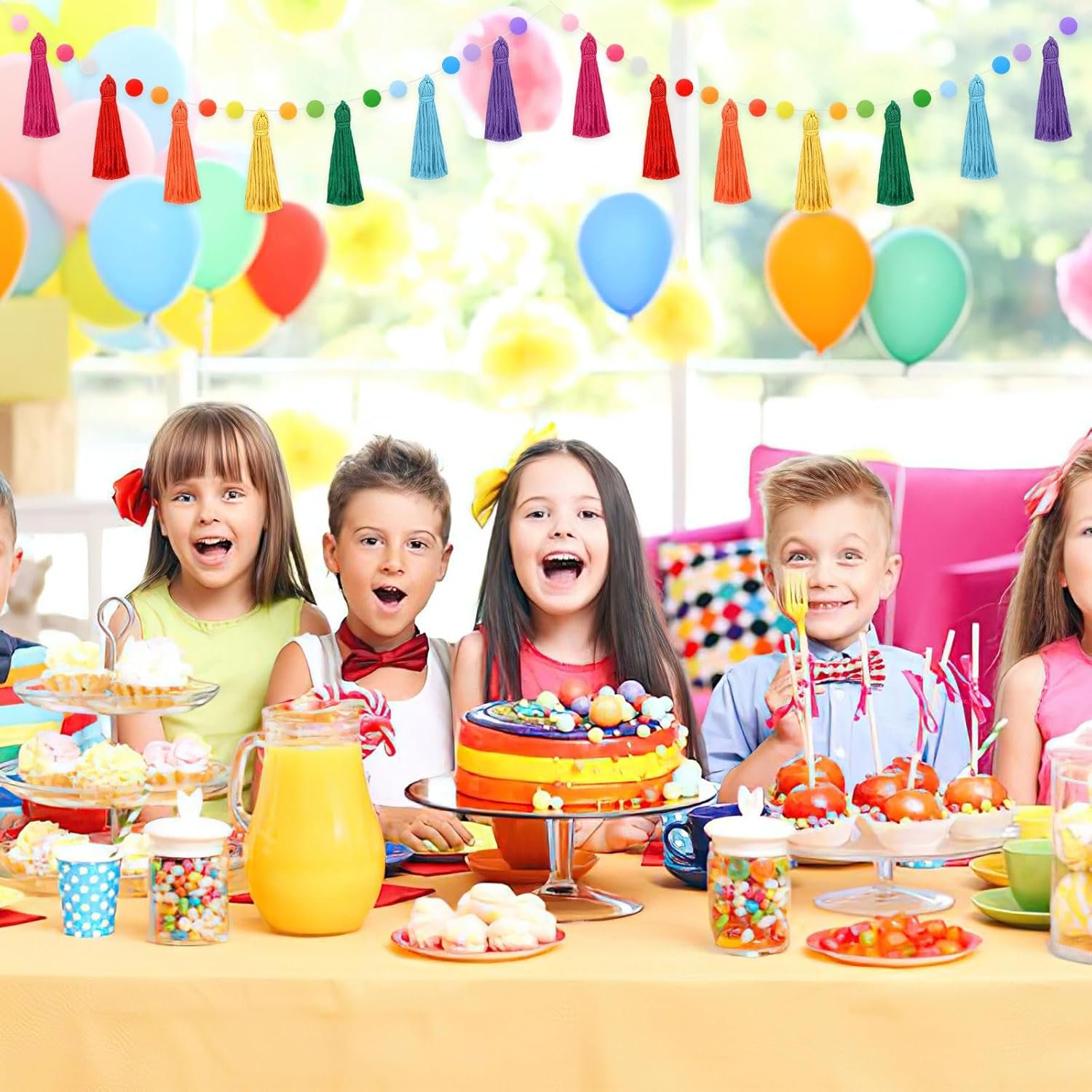 Wholesale 4 Pack 26.3 Feet Rainbow Tassel Pom Pom Garland Banner Hanging Supplies for Back to School Nursery Wall Classroom Christmas Tree Birthday Party Decor Supplier