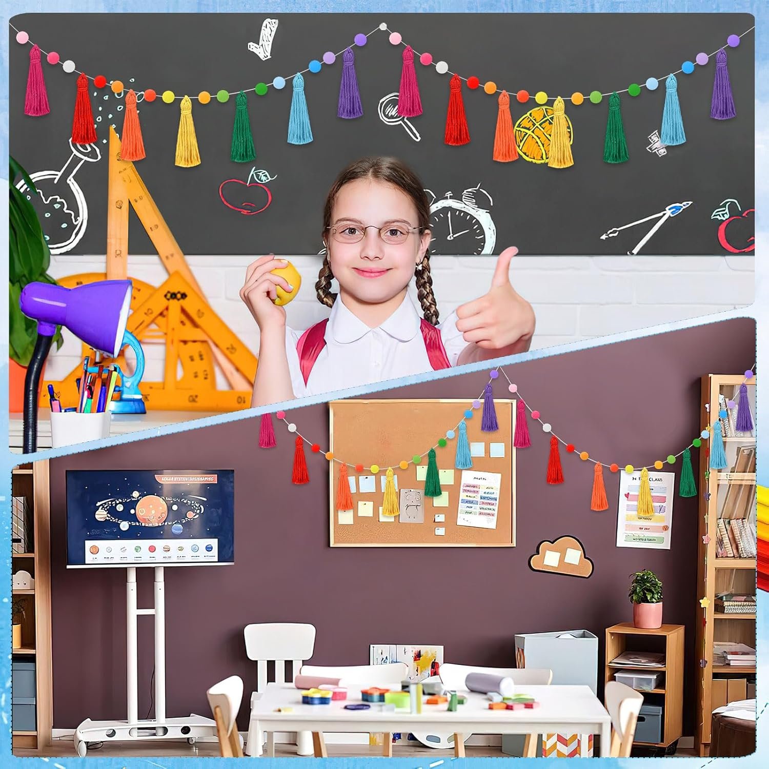 Wholesale 4 Pack 26.3 Feet Rainbow Tassel Pom Pom Garland Banner Hanging Supplies for Back to School Nursery Wall Classroom Christmas Tree Birthday Party Decor Supplier