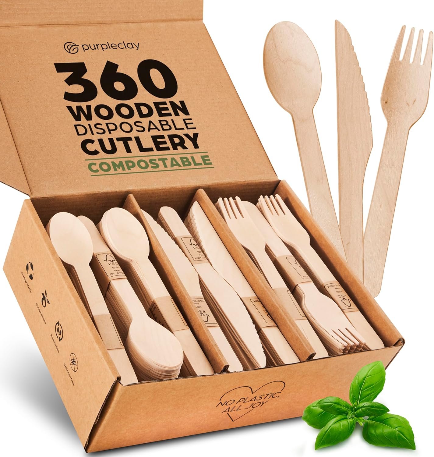 PURPLECLAY Wooden Disposable Utensils Set, 360 PCS Compostable Silverware (120 Forks, 120 Spoons, 120 Knives) Eco Friendly, Plastic-Free Cutlery for Parties & Catering, Alternative to Bamboo Utensils