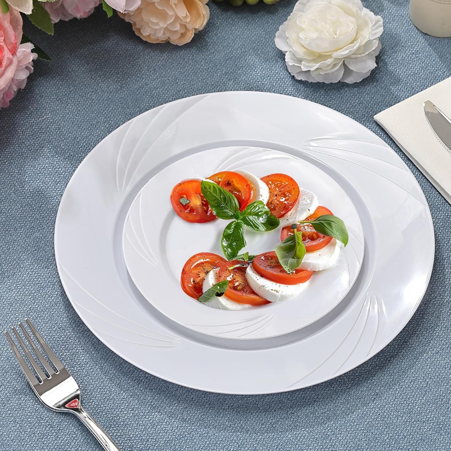 Wholesale 350-Piece White Swirls Plastic Dinnerware Set for 50 Guests Elegant Disposable for Parties Weddings Includes 10.25 Wholesale 350-Piece White Swirls Plastic Dinnerware Set for 50 Guests Elegant Disposable for Parties Weddings Includes 10.25