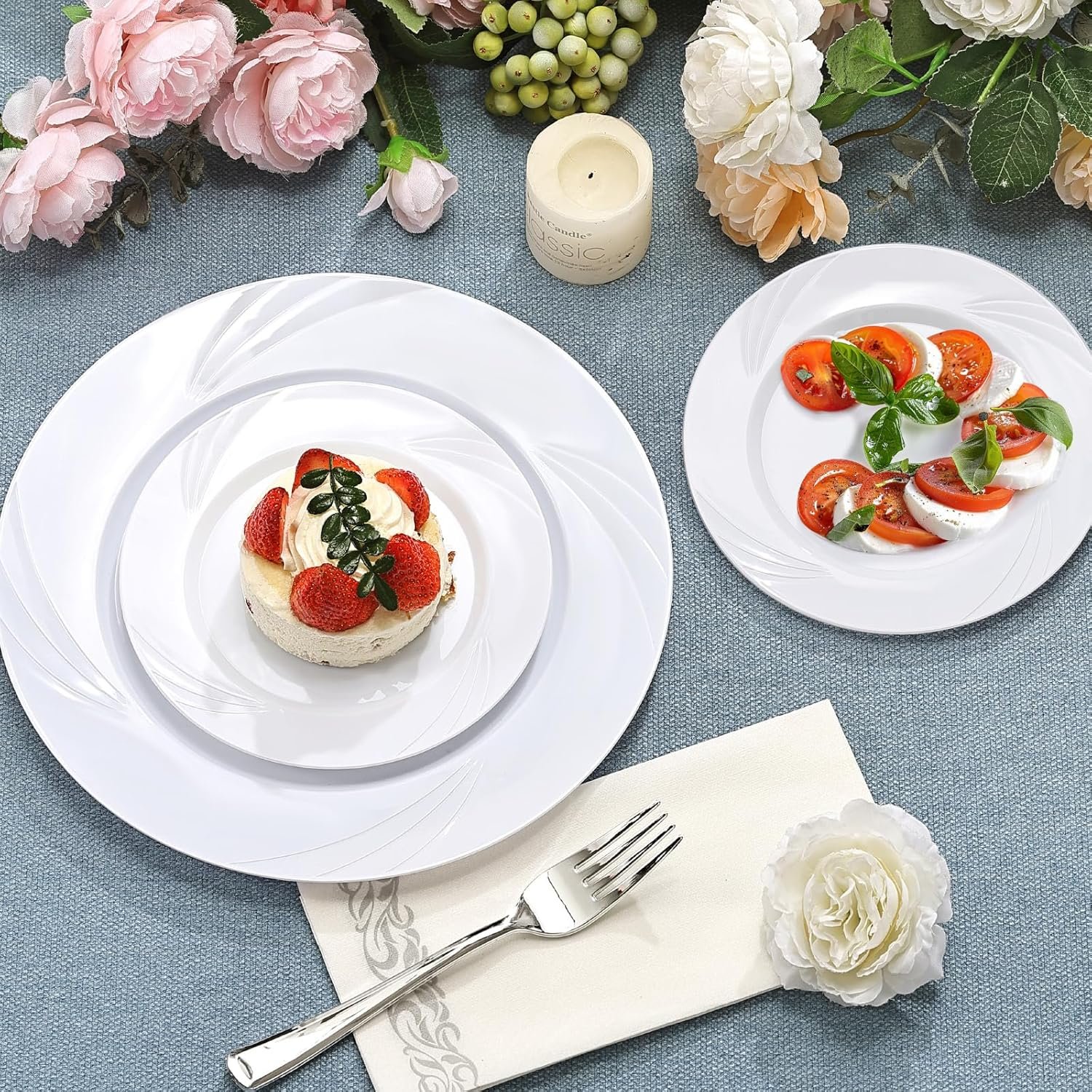 Wholesale 350-Piece White Swirls Plastic Dinnerware Set for 50 Guests Elegant Disposable for Parties Weddings Includes 10.25 Wholesale 350-Piece White Swirls Plastic Dinnerware Set for 50 Guests Elegant Disposable for Parties Weddings Includes 10.25