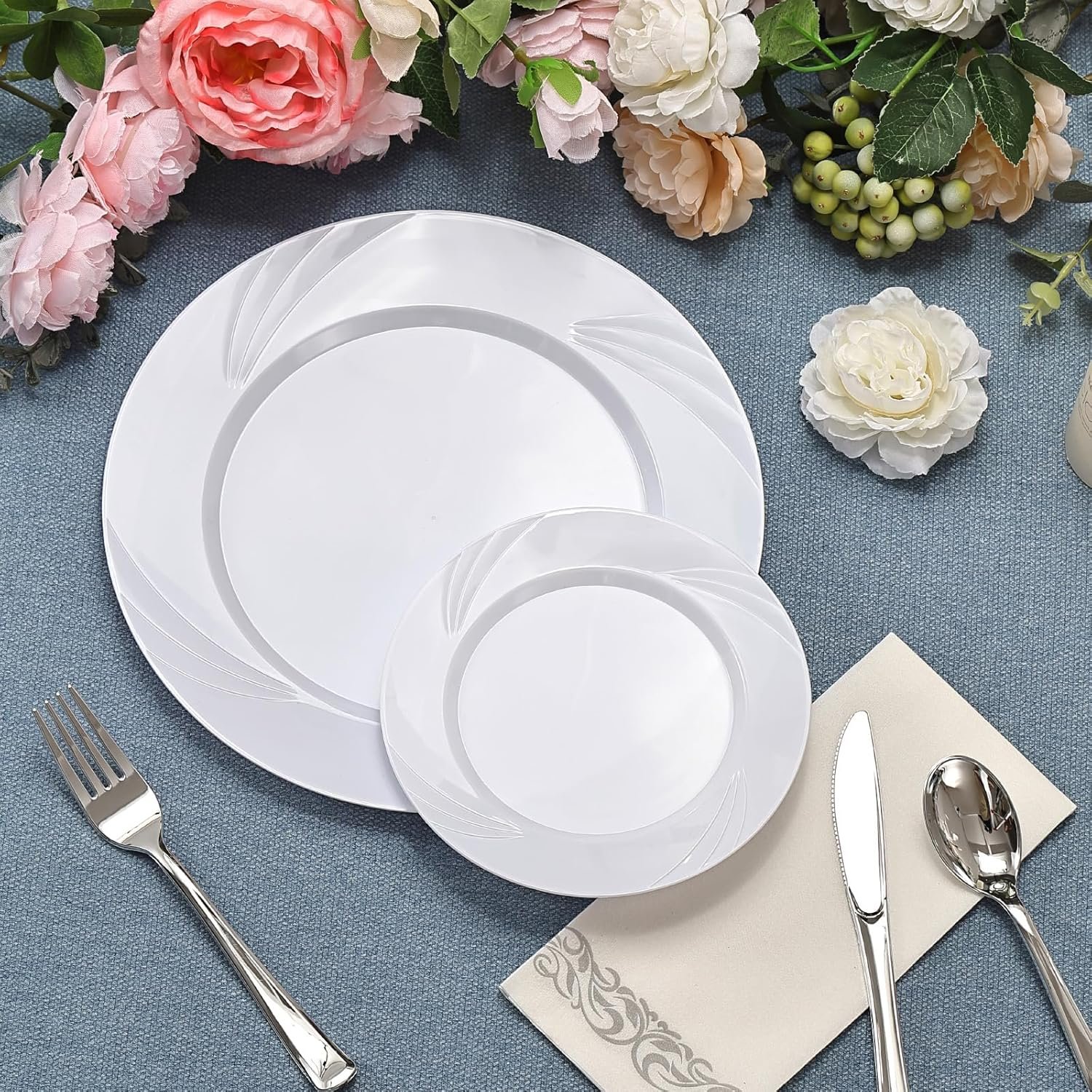 Wholesale 350-Piece White Swirls Plastic Dinnerware Set for 50 Guests Elegant Disposable for Parties Weddings Includes 10.25 Wholesale 350-Piece White Swirls Plastic Dinnerware Set for 50 Guests Elegant Disposable for Parties Weddings Includes 10.25