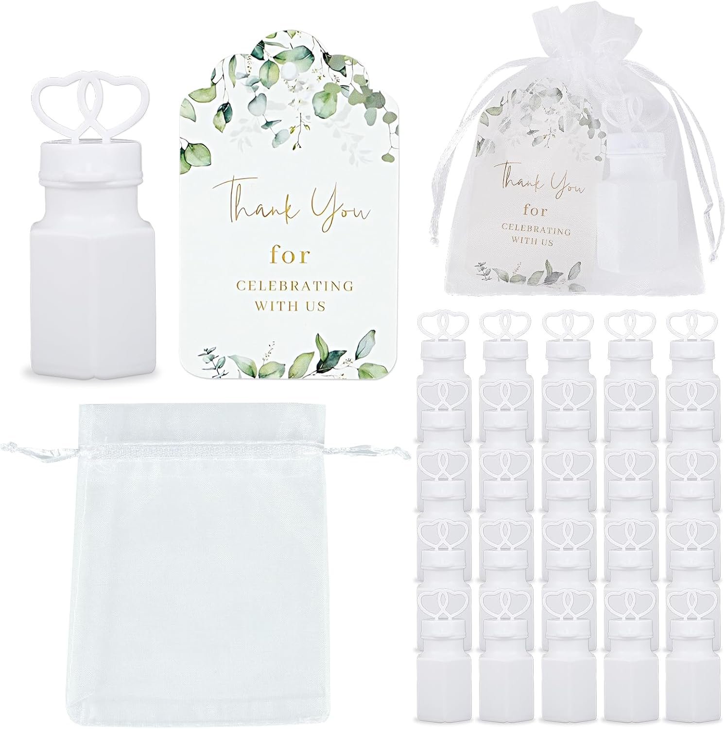 100 Sets Wedding Party Favors White Mini Bubble Bottles Greeting Card Goodie Bag Wedding Bubbles for Guests, Anniversary, Engagement, Celebration