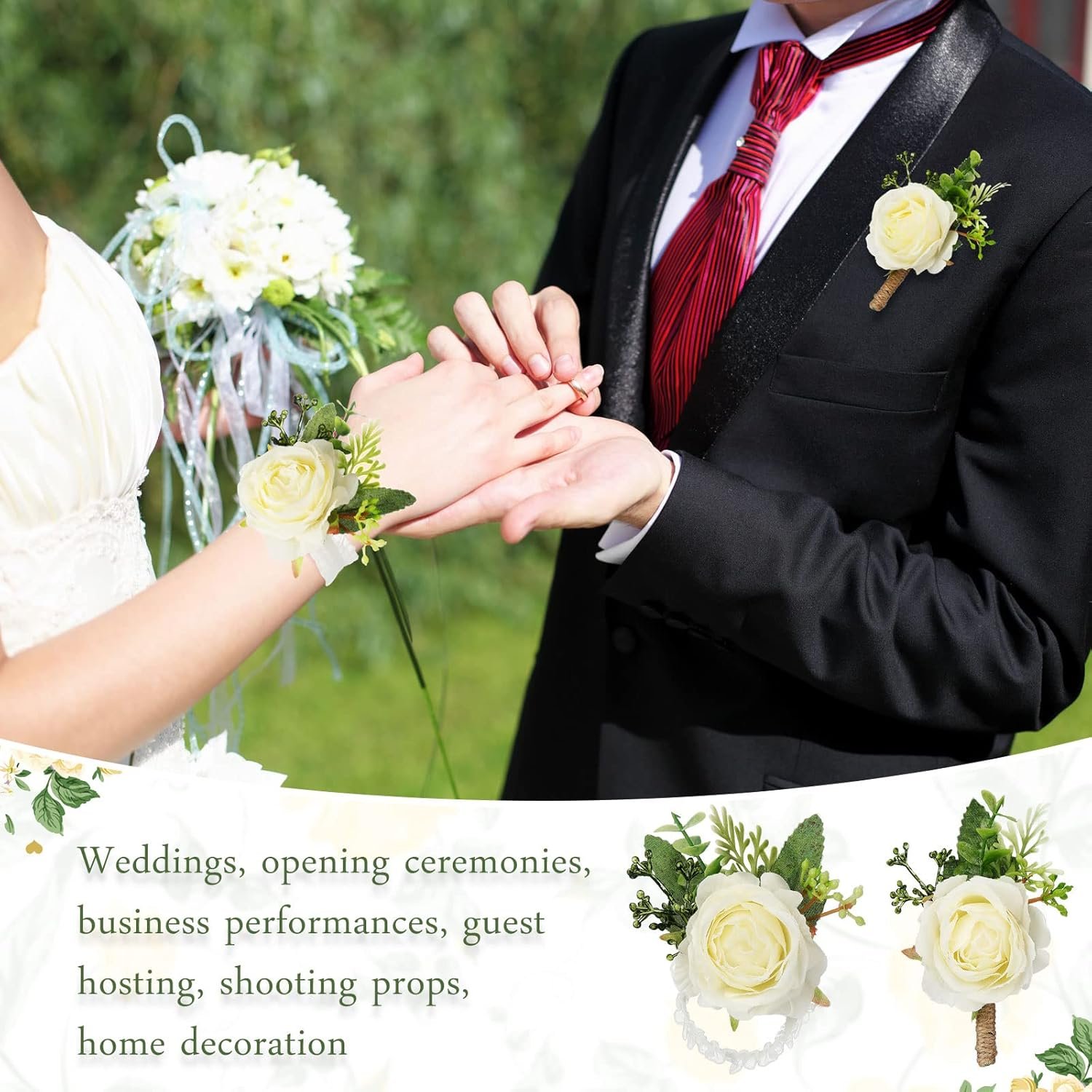 Wholesale 20 Pcs Rose Wrist Corsage and Boutonniere Set Wristlet Band Bracelet for Bridegroom Wedding Prom Party Bouquets (White) Supplier