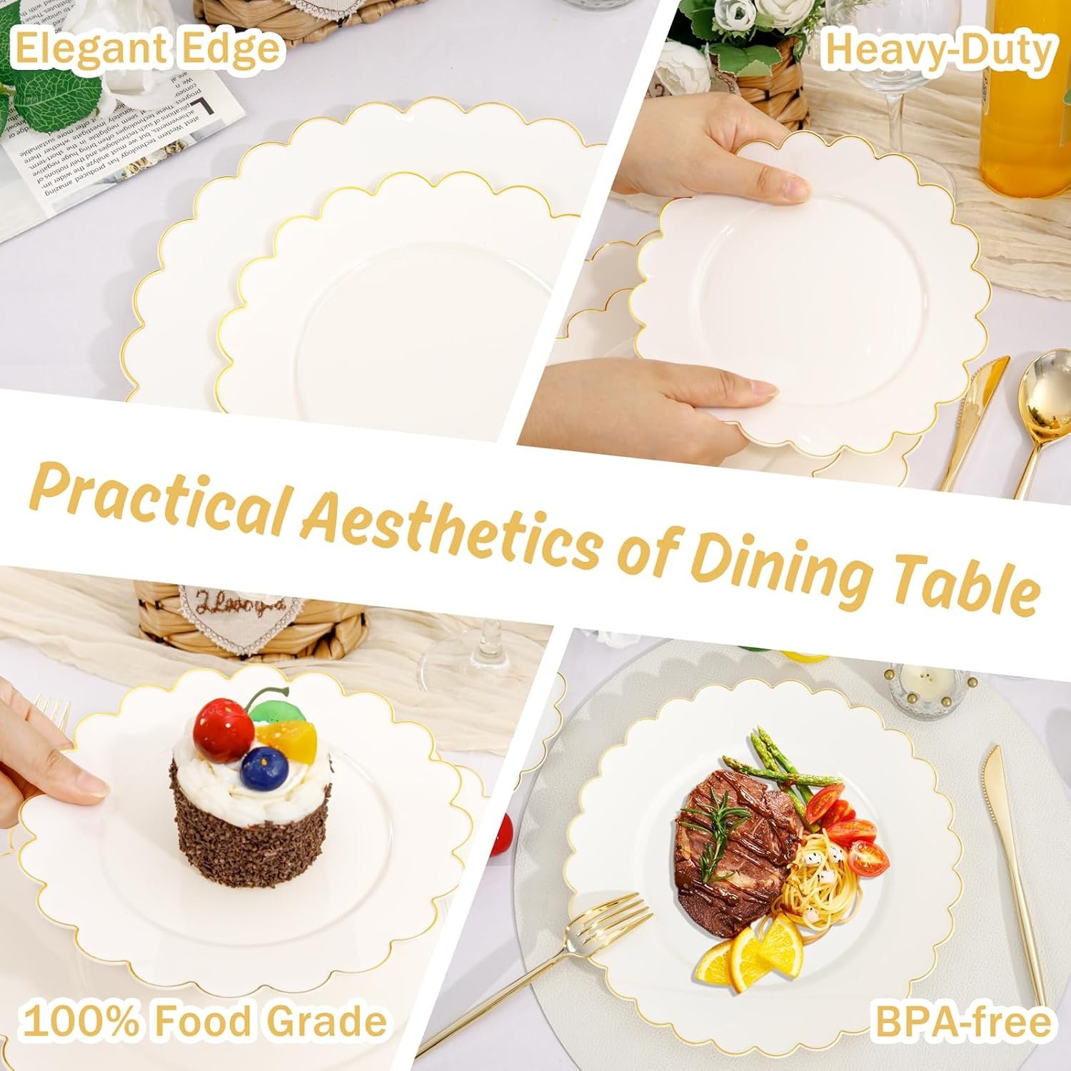 Wholesale 120 Pcs Ivory Scalloped Plastic Plates Disposable Ivory and Gold Fancy Party Dinner Dessert Plates for Wedding Birthday Valentines Day Supplier