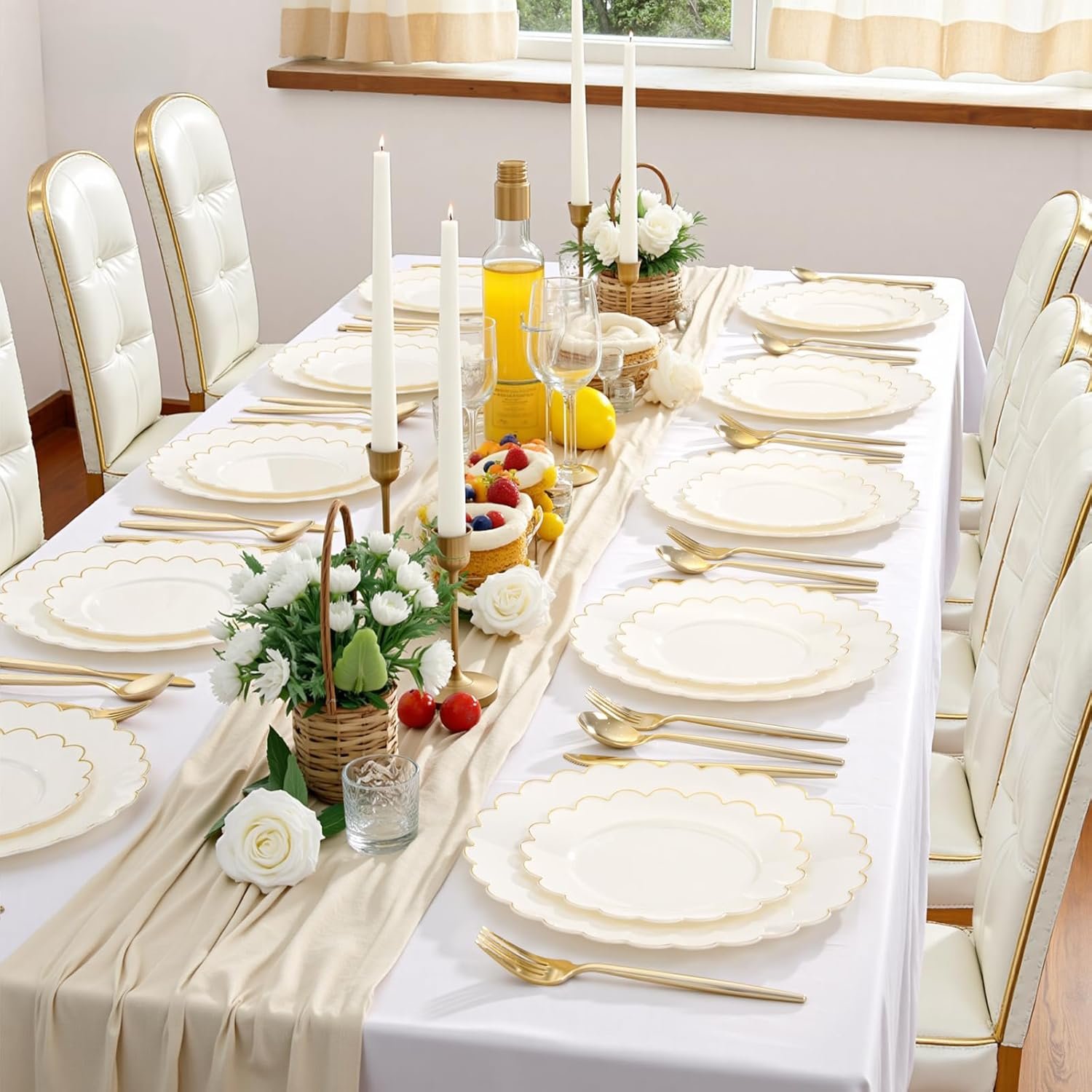 Wholesale 120 Pcs Ivory Scalloped Plastic Plates Disposable Ivory and Gold Fancy Party Dinner Dessert Plates for Wedding Birthday Valentines Day Supplier