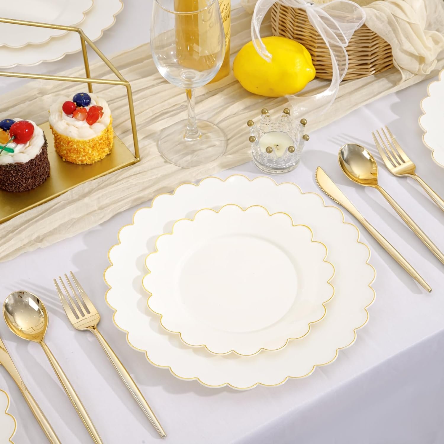 Wholesale 120 Pcs Ivory Scalloped Plastic Plates Disposable Ivory and Gold Fancy Party Dinner Dessert Plates for Wedding Birthday Valentines Day Supplier