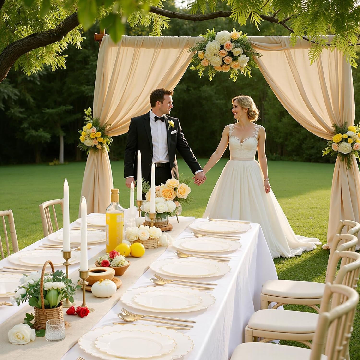 Wholesale 120 Pcs Ivory Scalloped Plastic Plates Disposable Ivory and Gold Fancy Party Dinner Dessert Plates for Wedding Birthday Valentines Day Supplier