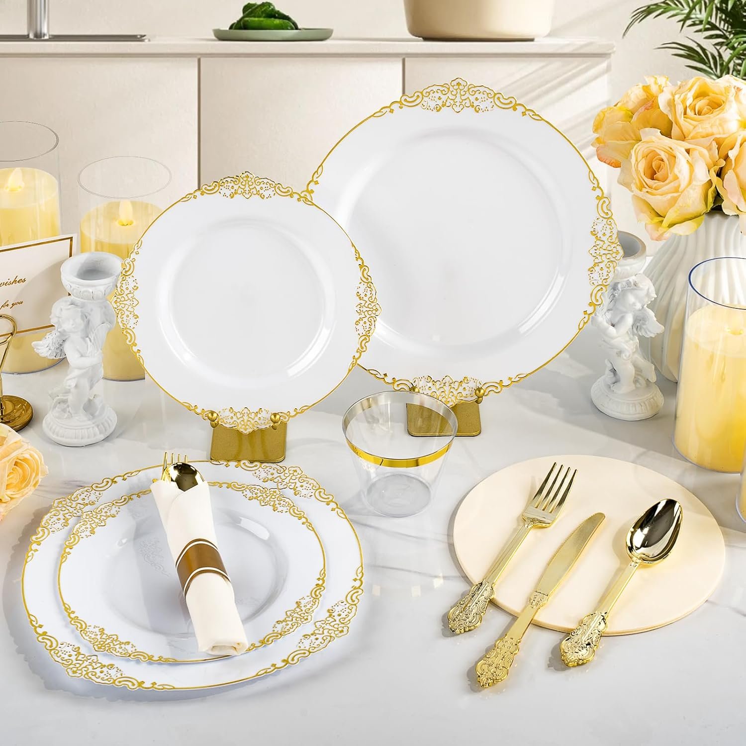 Wholesale 350PCS Gold Plastic Plates for 50 Guests Disposable Dinnerware Sets with 100 Gold Rim Plates 50 Silverware 50 Cups 50 Pre-Rolled Napkins for Party Wedding Graduation Supplier