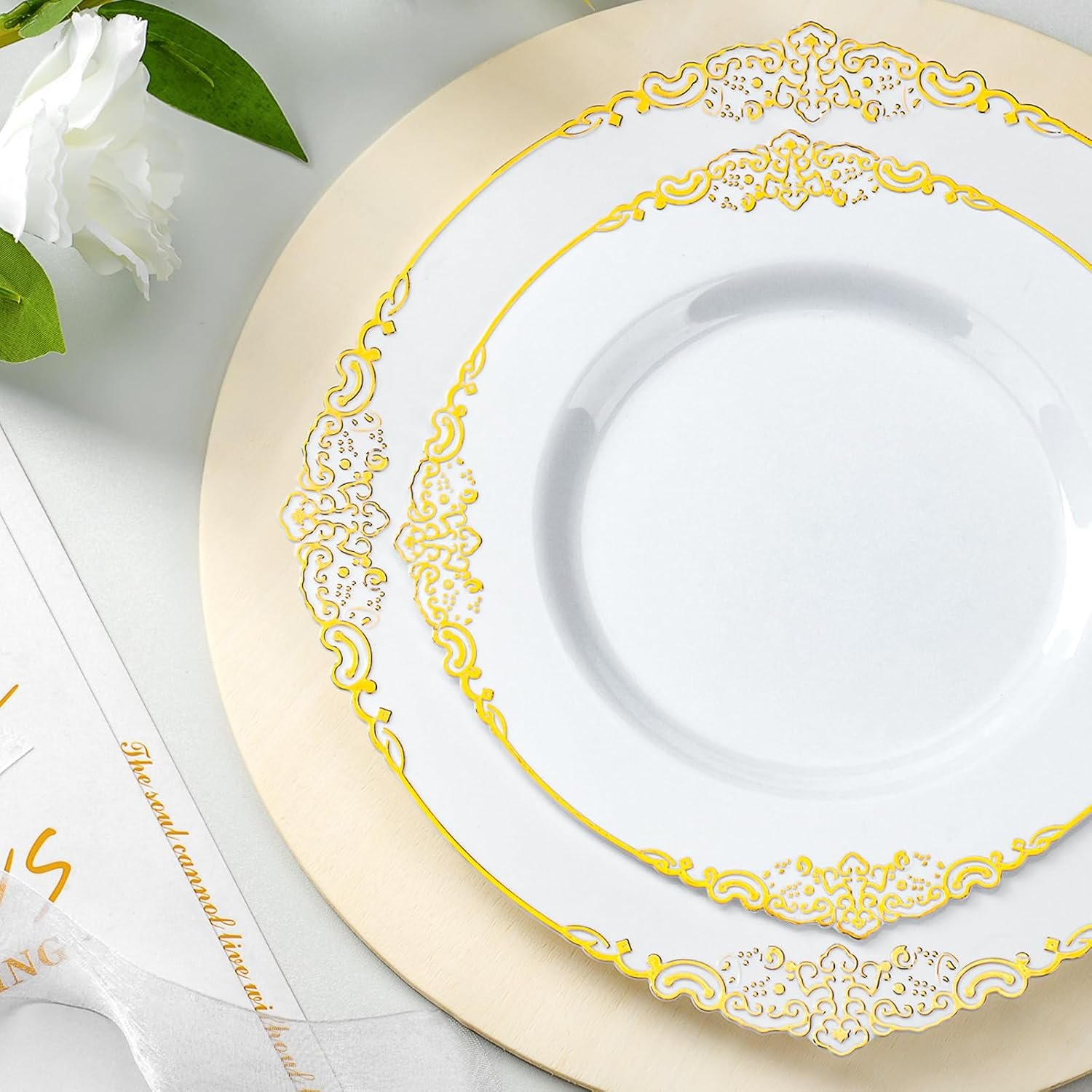 Wholesale 350PCS Gold Plastic Plates for 50 Guests Disposable Dinnerware Sets with 100 Gold Rim Plates 50 Silverware 50 Cups 50 Pre-Rolled Napkins for Party Wedding Graduation Supplier