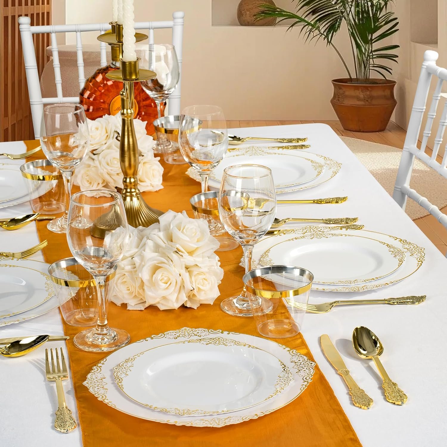 Wholesale 350PCS Gold Plastic Plates for 50 Guests Disposable Dinnerware Sets with 100 Gold Rim Plates 50 Silverware 50 Cups 50 Pre-Rolled Napkins for Party Wedding Graduation Supplier