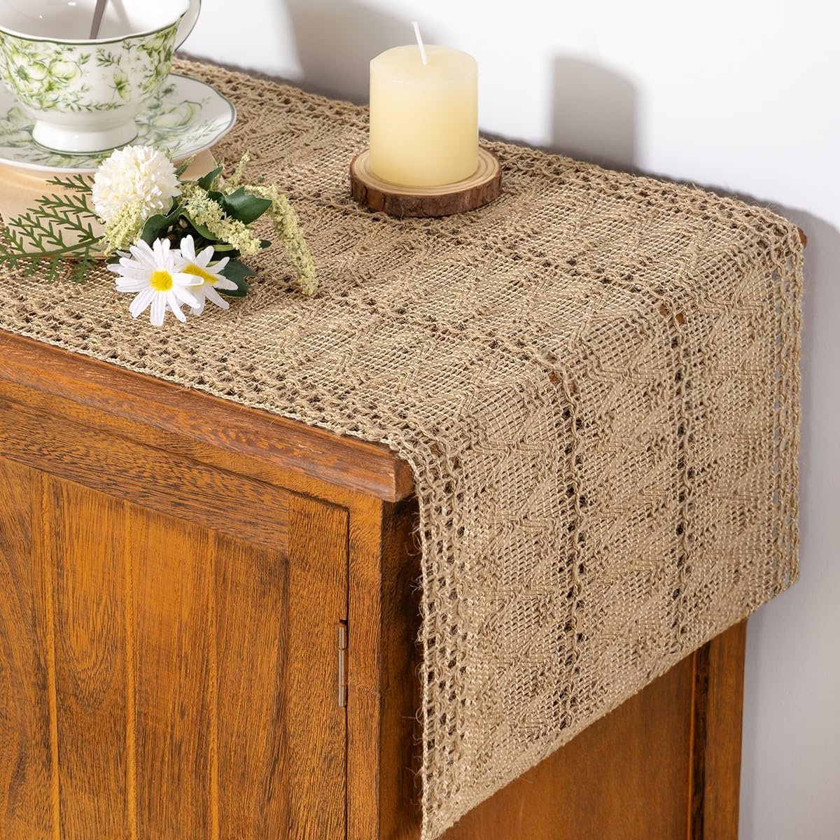 Socomi Boho Table Runner Easter Spring Farmhouse Burlap Jute Bamboo Rustic Dining Kitchen Centerpiece Decor Small Macrame Woven Coffee Table Runner for Dresser Scarf Home Decor 12x48 inch