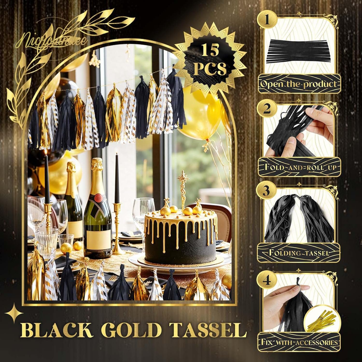 Wholesale 15PCS Black Gold Tissue Paper Tassel Garland Party Decorations for Graduation Birthday Wedding Bridal Shower Bachelorette 2026 New Year's Eve Supplier Wholesale 15PCS Black Gold Tissue Paper Tassel Garland Party Decorations for Graduation Birthday Wedding Bridal Shower Bachelorette 2026 New Year's Eve Supplier
