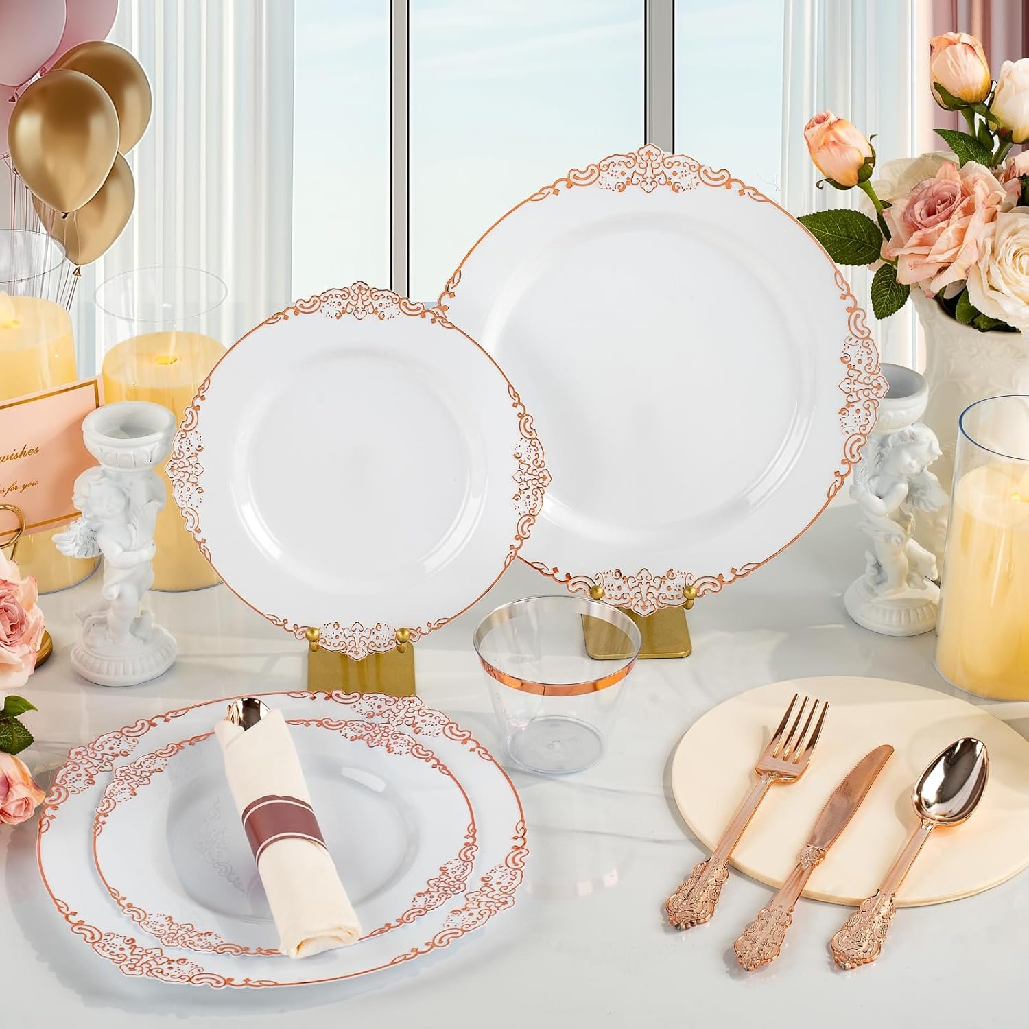 Wholesale 350PCS Rose Gold Plastic Plates for 50 Guests Disposable Dinnerware Sets Include 100 Rose Gold Rim Plates 50 Silverware Cups and 50 Pre-Rolled Napkins for Party Graduation Supplier Wholesale 350PCS Rose Gold Plastic Plates for 50 Guests Disposable Dinnerware Sets Include 100 Rose Gold Rim Plates 50 Silverware Cups and 50 Pre-Rolled Napkins for Party Graduation Supplier