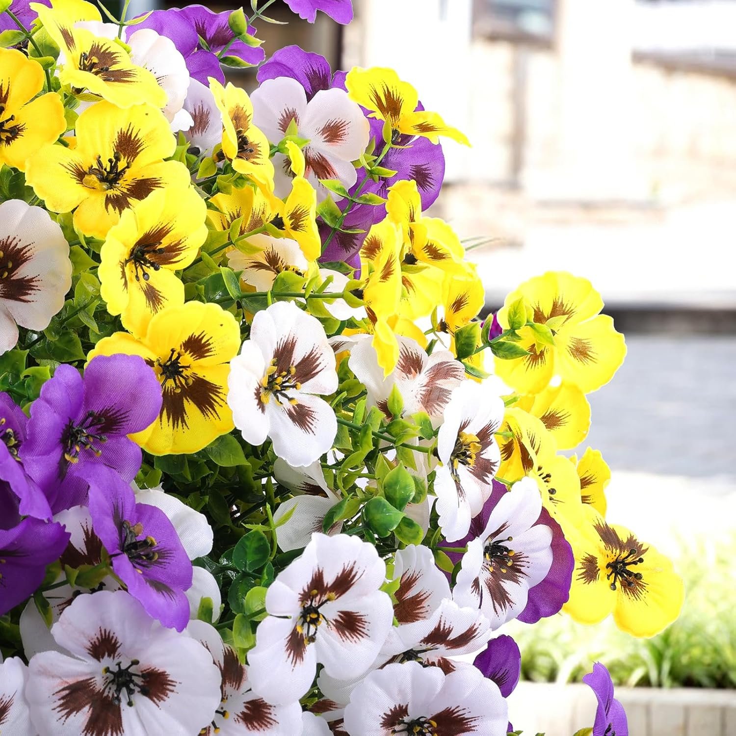 Wholesale 18 Pcs Faux Silk Pansy Flowers Outdoor Spring Decor for Planters Porch Yard Patio Window Box in Purple Yellow White Supplier Wholesale 18 Pcs Faux Silk Pansy Flowers Outdoor Spring Decor for Planters Porch Yard Patio Window Box in Purple Yellow White Supplier