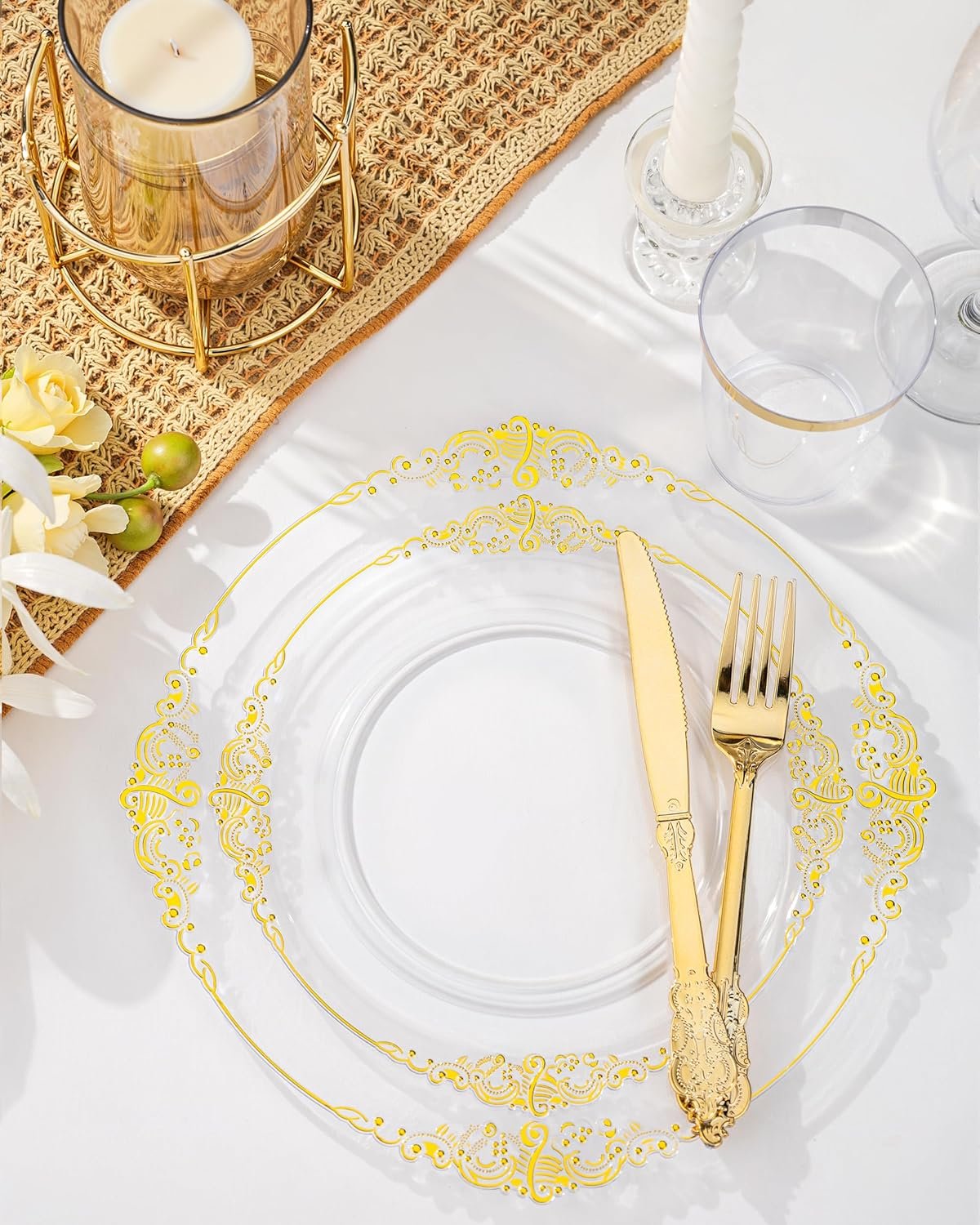 Wholesale 175PCS Clear Gold Plastic Plates Gold Disposable Dinnerware Set for 25 Guests with 50 Plates 75 Silverware 25 Cups 25 Napkins for Weddings Parties Thanksgiving Supplier Wholesale 175PCS Clear Gold Plastic Plates Gold Disposable Dinnerware Set for 25 Guests with 50 Plates 75 Silverware 25 Cups 25 Napkins for Weddings Parties Thanksgiving Supplier