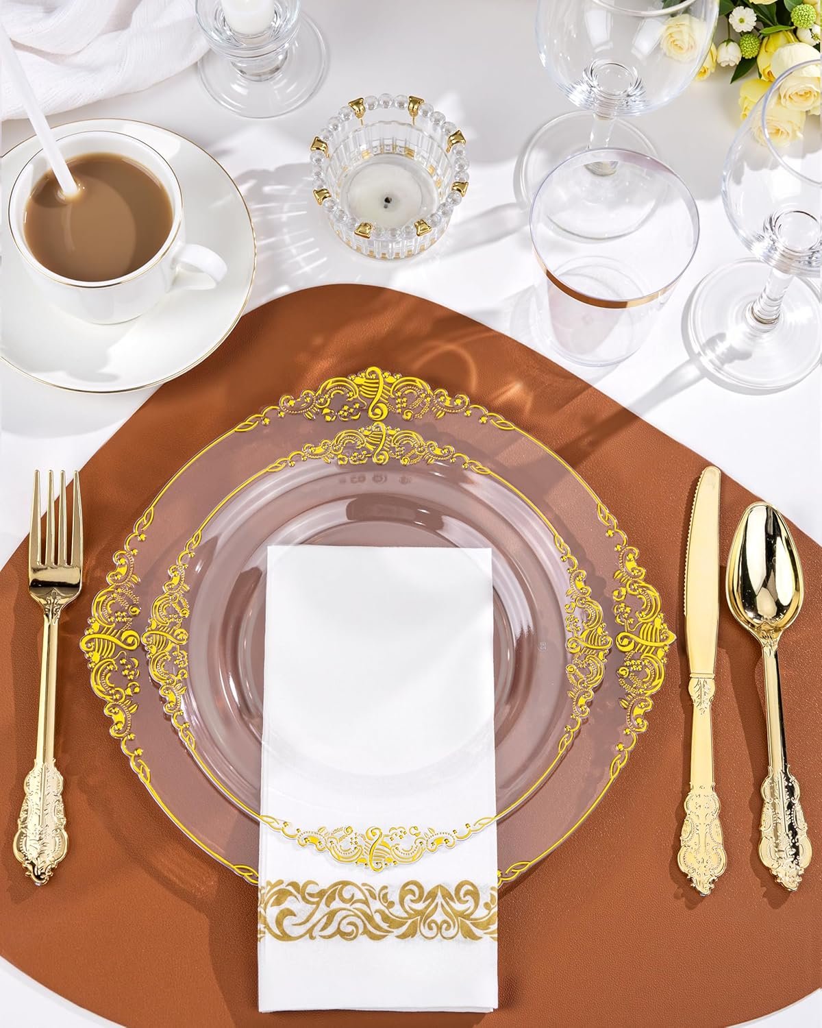 Wholesale 175PCS Clear Gold Plastic Plates Gold Disposable Dinnerware Set for 25 Guests with 50 Plates 75 Silverware 25 Cups 25 Napkins for Weddings Parties Thanksgiving Supplier Wholesale 175PCS Clear Gold Plastic Plates Gold Disposable Dinnerware Set for 25 Guests with 50 Plates 75 Silverware 25 Cups 25 Napkins for Weddings Parties Thanksgiving Supplier