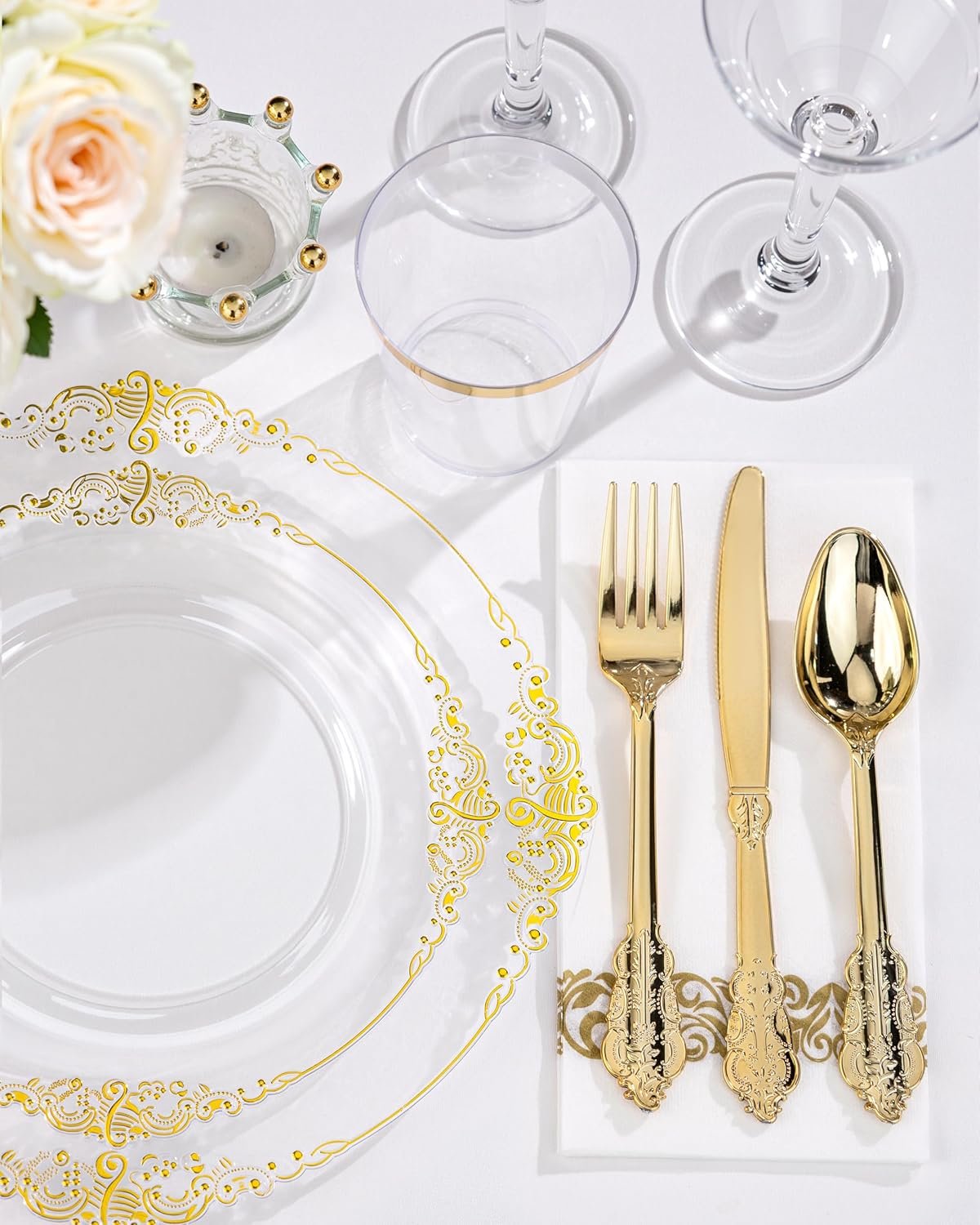 Wholesale 175PCS Clear Gold Plastic Plates Gold Disposable Dinnerware Set for 25 Guests with 50 Plates 75 Silverware 25 Cups 25 Napkins for Weddings Parties Thanksgiving Supplier Wholesale 175PCS Clear Gold Plastic Plates Gold Disposable Dinnerware Set for 25 Guests with 50 Plates 75 Silverware 25 Cups 25 Napkins for Weddings Parties Thanksgiving Supplier