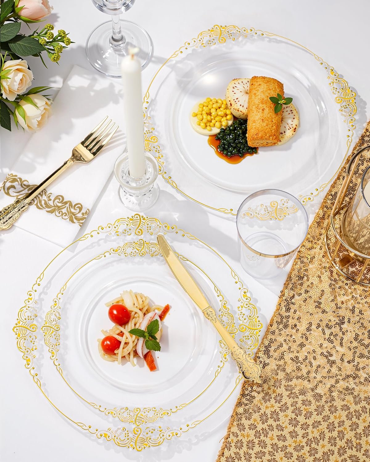 Wholesale 175PCS Clear Gold Plastic Plates Gold Disposable Dinnerware Set for 25 Guests with 50 Plates 75 Silverware 25 Cups 25 Napkins for Weddings Parties Thanksgiving Supplier Wholesale 175PCS Clear Gold Plastic Plates Gold Disposable Dinnerware Set for 25 Guests with 50 Plates 75 Silverware 25 Cups 25 Napkins for Weddings Parties Thanksgiving Supplier