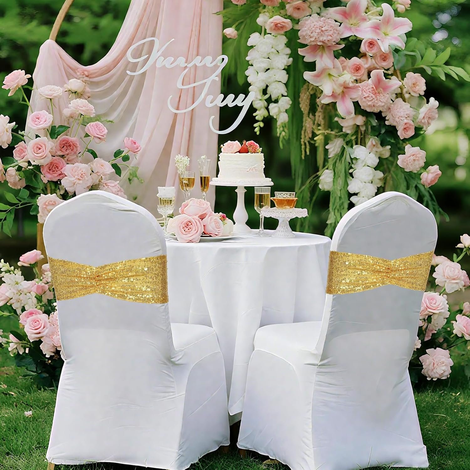 Wholesale Gold Sequin Chair Sashes Folding Chair Covers Bows for Party Wedding Reception Decorations 50 PCS Supplier