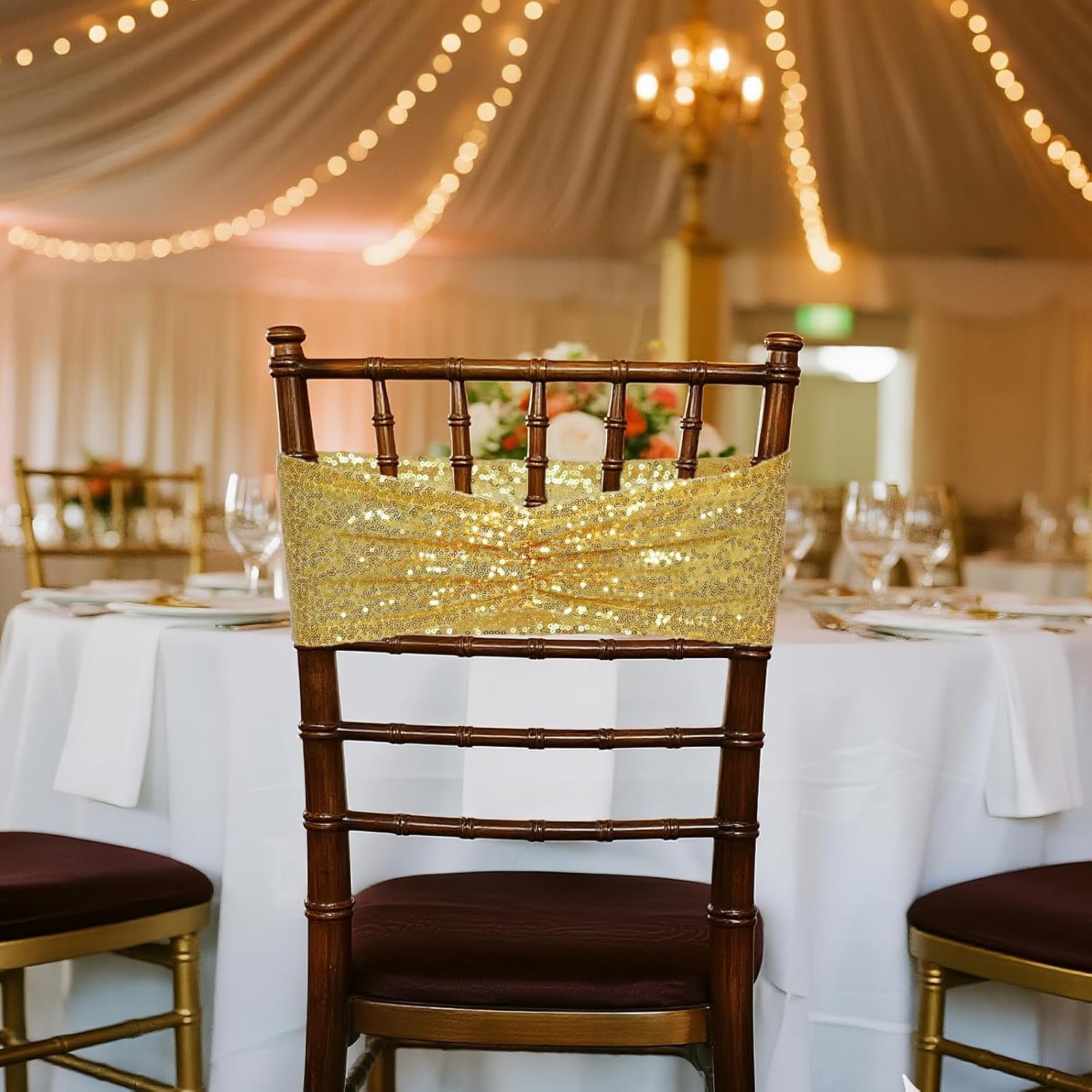 Wholesale Gold Sequin Chair Sashes Folding Chair Covers Bows for Party Wedding Reception Decorations 50 PCS Supplier
