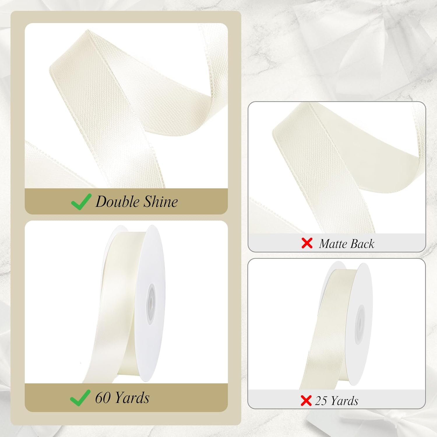 Wholesale Double Faced Satin Ribbon 1 Inch 60 Yards Ivory Cream for Crafts Hair Bows Gift Wrapping Home Decor Wedding Invitation Valentine's Day Decorations Supplier