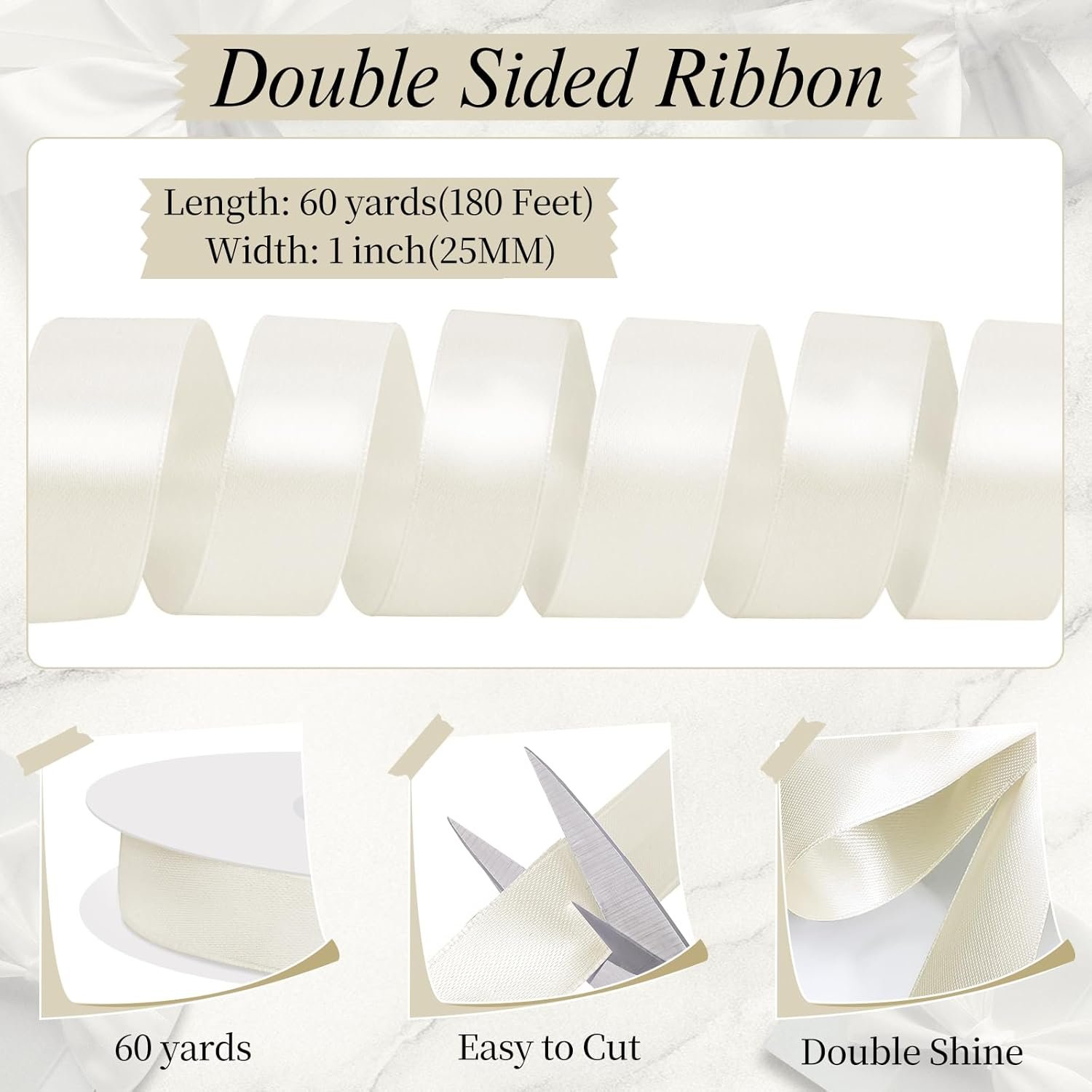 Wholesale Double Faced Satin Ribbon 1 Inch 60 Yards Ivory Cream for Crafts Hair Bows Gift Wrapping Home Decor Wedding Invitation Valentine's Day Decorations Supplier