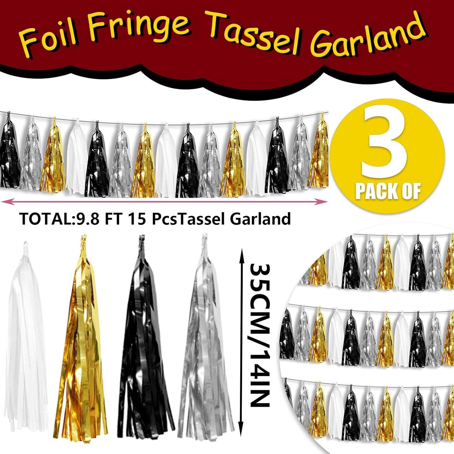 Wholesale 3P Metallic Fringe Tassel Banner Garland Foil Tinsel Streamer Wall Hanging Curtain Backdrop for Parade Floats Graduation New Year's Father's Day Decorations (Black Gold Silver) Supplier