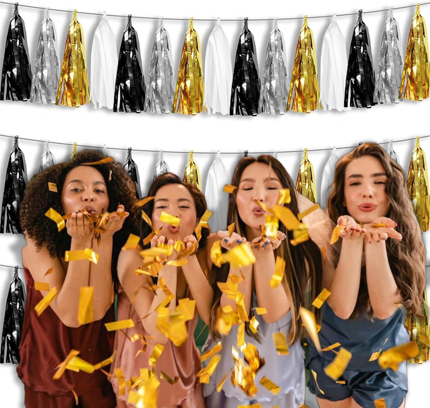 Wholesale 3P Metallic Fringe Tassel Banner Garland Foil Tinsel Streamer Wall Hanging Curtain Backdrop for Parade Floats Graduation New Year's Father's Day Decorations (Black Gold Silver) Supplier