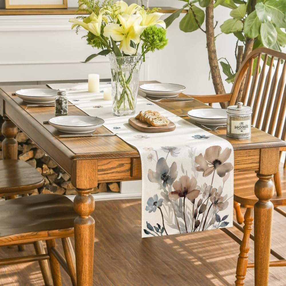 Wholesale Brown Poppy Floral Leaves Spring Table Runner Seasonal Summer Kitchen Dining Table Decoration for Home Party 13x72 Inch Supplier