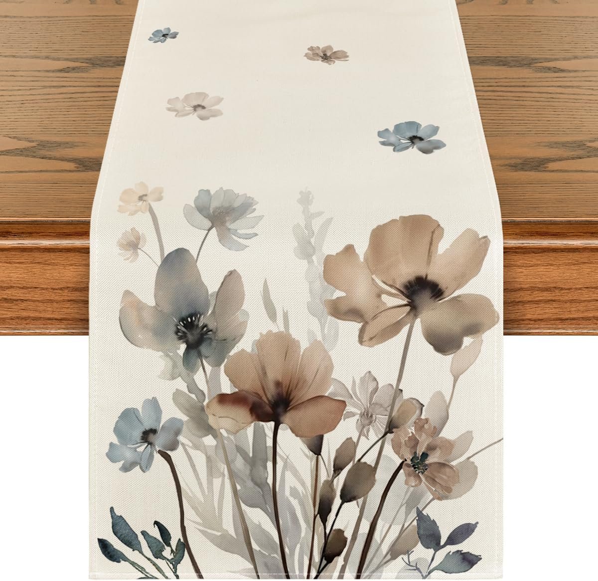Artoid Mode Brown Poppy Floral Leaves Spring Table Runner, Seasonal Summer Kitchen Dining Table Decoration for Home Party Decor 13x72 Inch