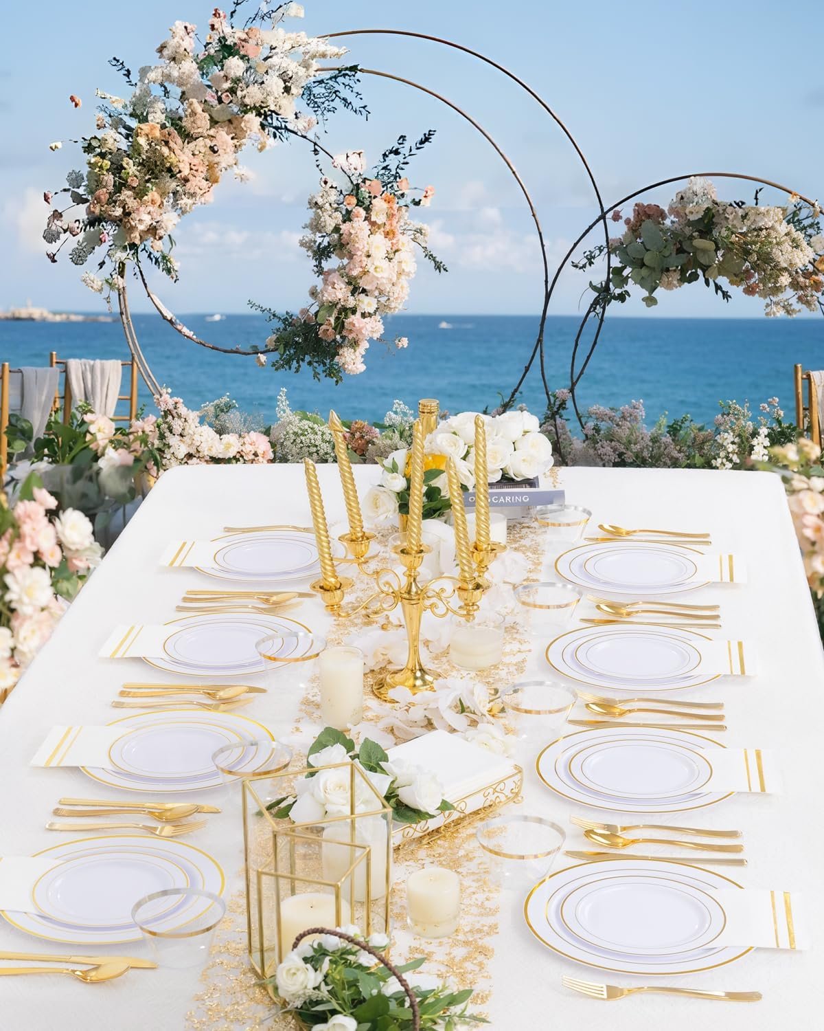 Wholesale 700PCS White and Gold Disposable Dinnerware Sets for 100 Guests - 200 Plates 300 Plastic Silverware 100 Cups 100 Napkins for Weddings and Parties Supplier