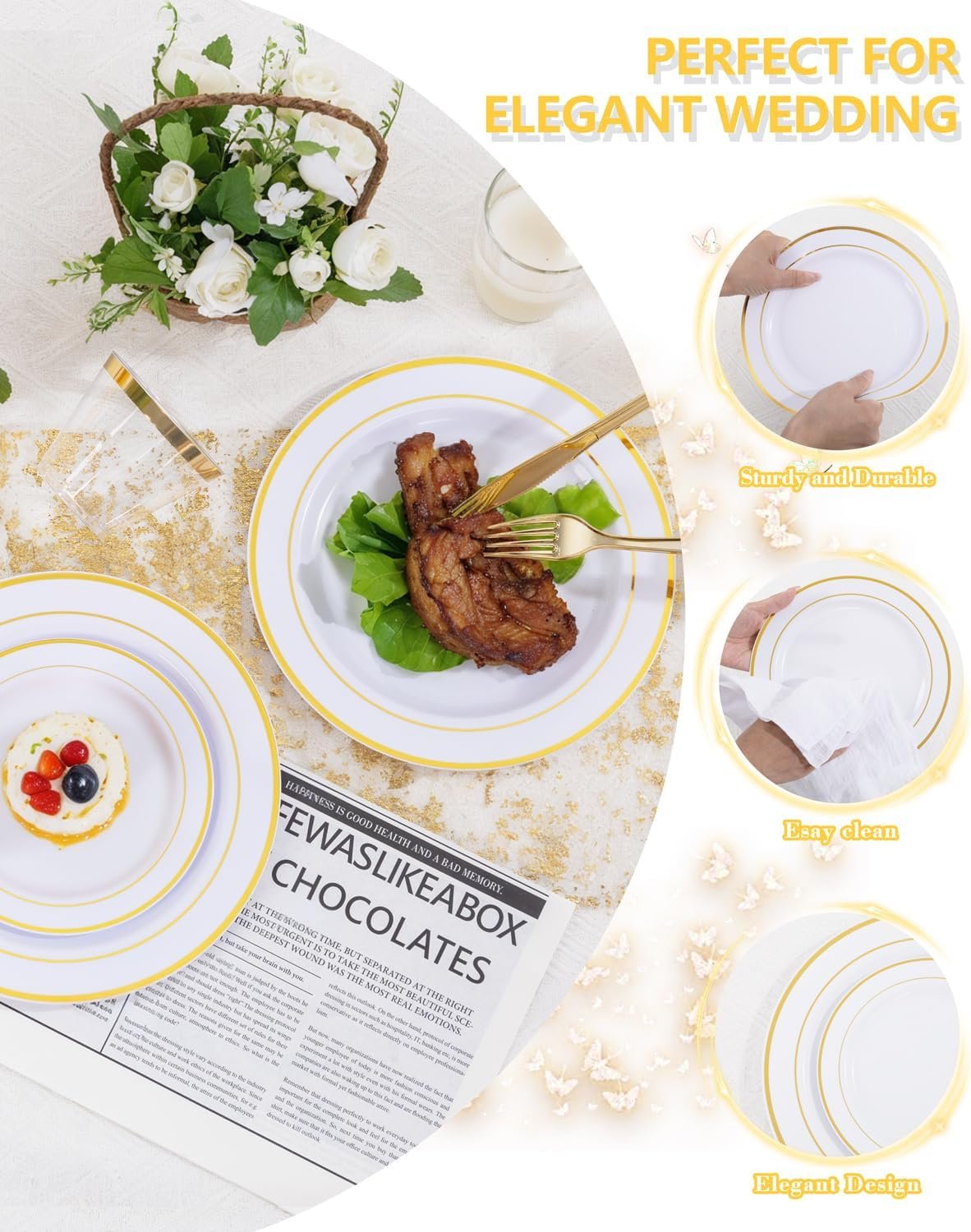 Wholesale 700PCS White and Gold Disposable Dinnerware Sets for 100 Guests - 200 Plates 300 Plastic Silverware 100 Cups 100 Napkins for Weddings and Parties Supplier