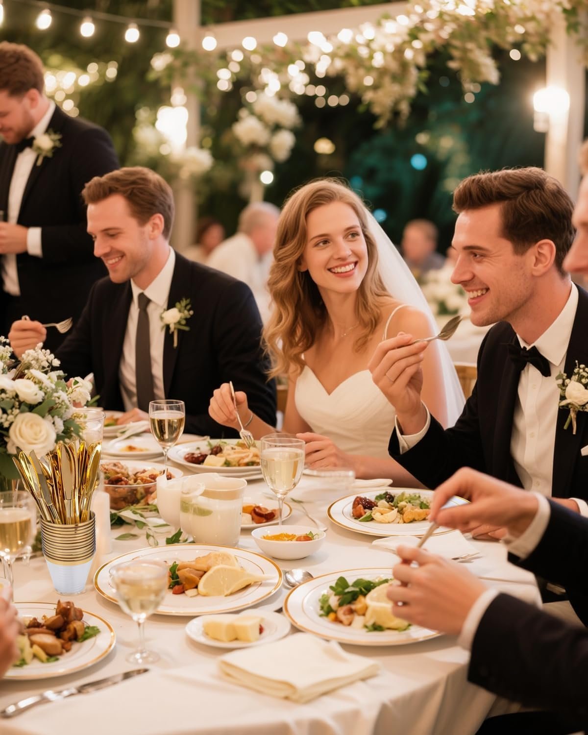 Wholesale 700PCS White and Gold Disposable Dinnerware Sets for 100 Guests - 200 Plates 300 Plastic Silverware 100 Cups 100 Napkins for Weddings and Parties Supplier