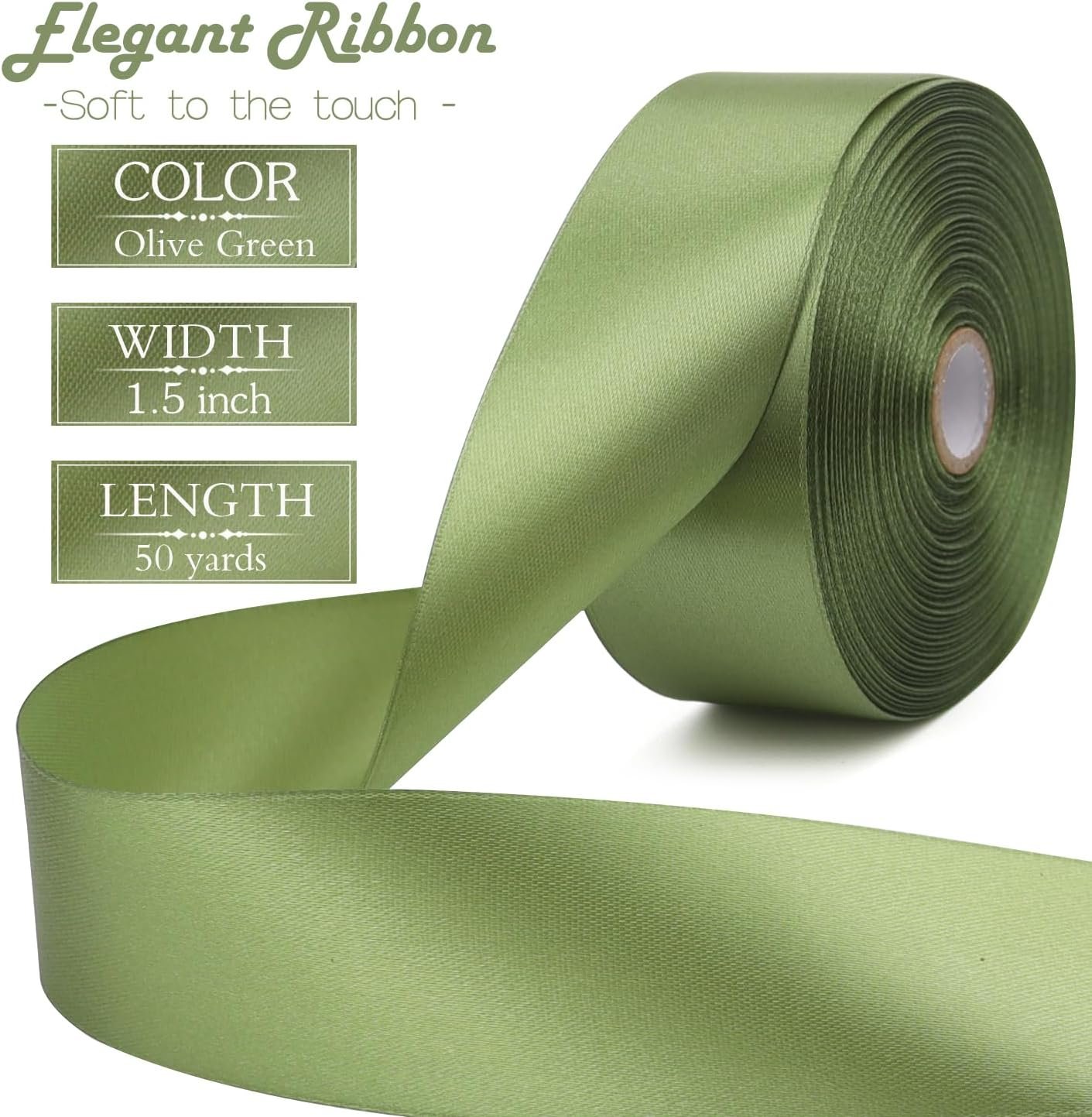 Wholesale Olive Green Solid Satin Polyester Ribbon 1-1/2 Inch 50 Yards for Gift Wrapping Wedding Christmas Baby Shower Birthday Decoration Handmade Immortal Flower Craft Supplier