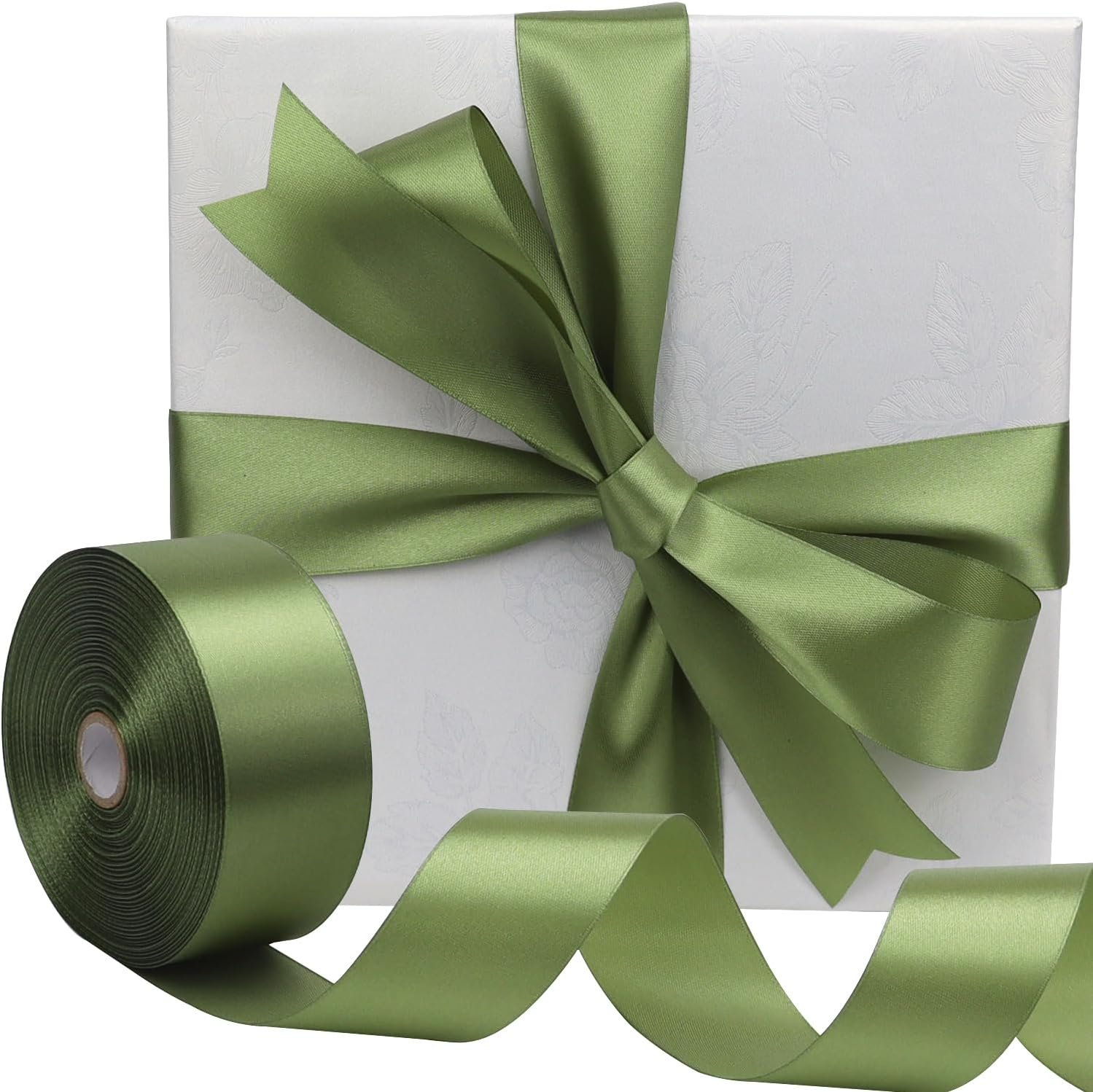 Wholesale Olive Green Solid Satin Polyester Ribbon 1-1/2 Inch 50 Yards for Gift Wrapping Wedding Christmas Baby Shower Birthday Decoration Handmade Immortal Flower Craft Supplier