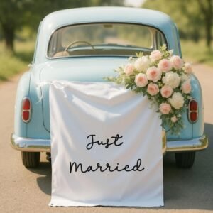 Oudain 29x59 Inch Just Married Burlap Banner, Wedding Fabric Backdrop with Ribbons and Hooks, Rustic Boho Photo Props Sign for Wedding Marriage Party Indoor Outdoor Wall Hanging Decoration