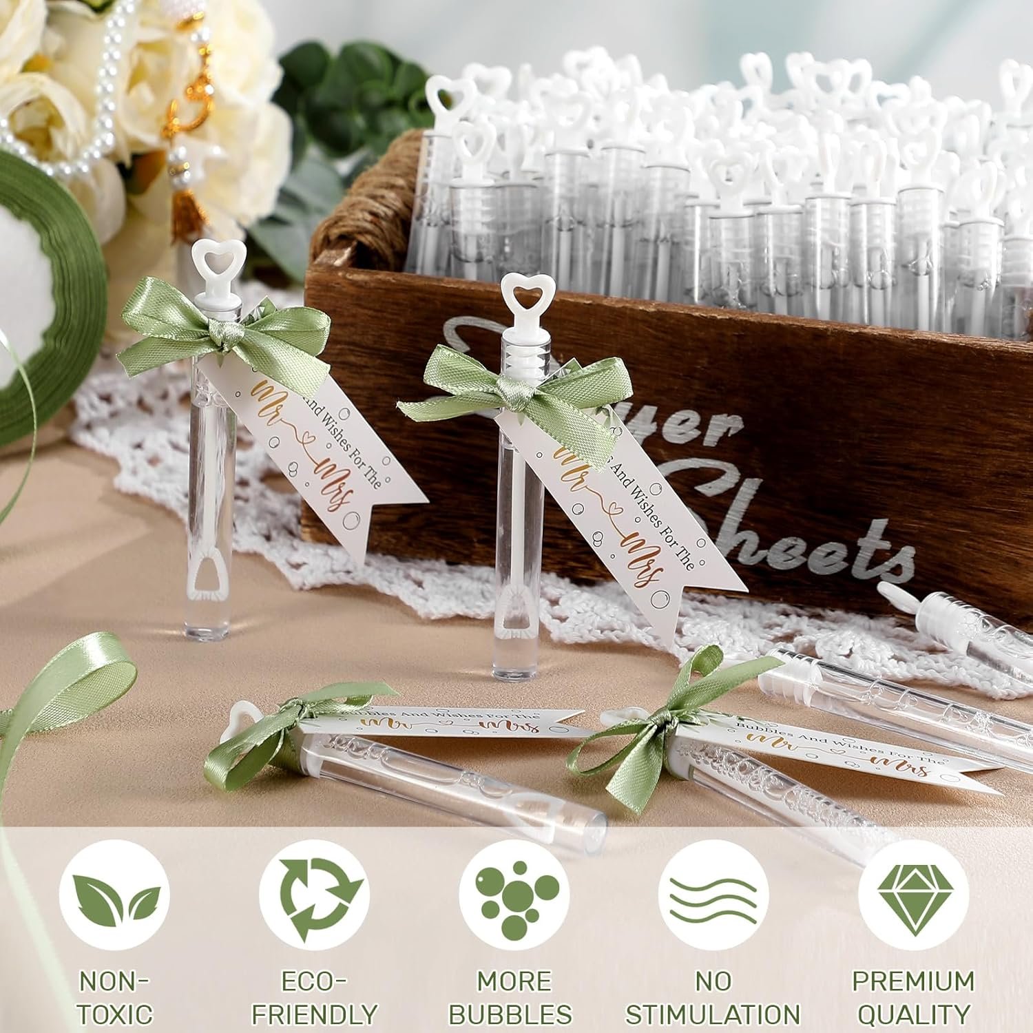 Wholesale 405 Pcs Wedding Send Off Bubble Set with Heart Wands Gift Tags Cards Wood Photo Frame Ribbons Party Favors for Guests Sage Green Supplier Wholesale 405 Pcs Wedding Send Off Bubble Set with Heart Wands Gift Tags Cards Wood Photo Frame Ribbons Party Favors for Guests Sage Green Supplier