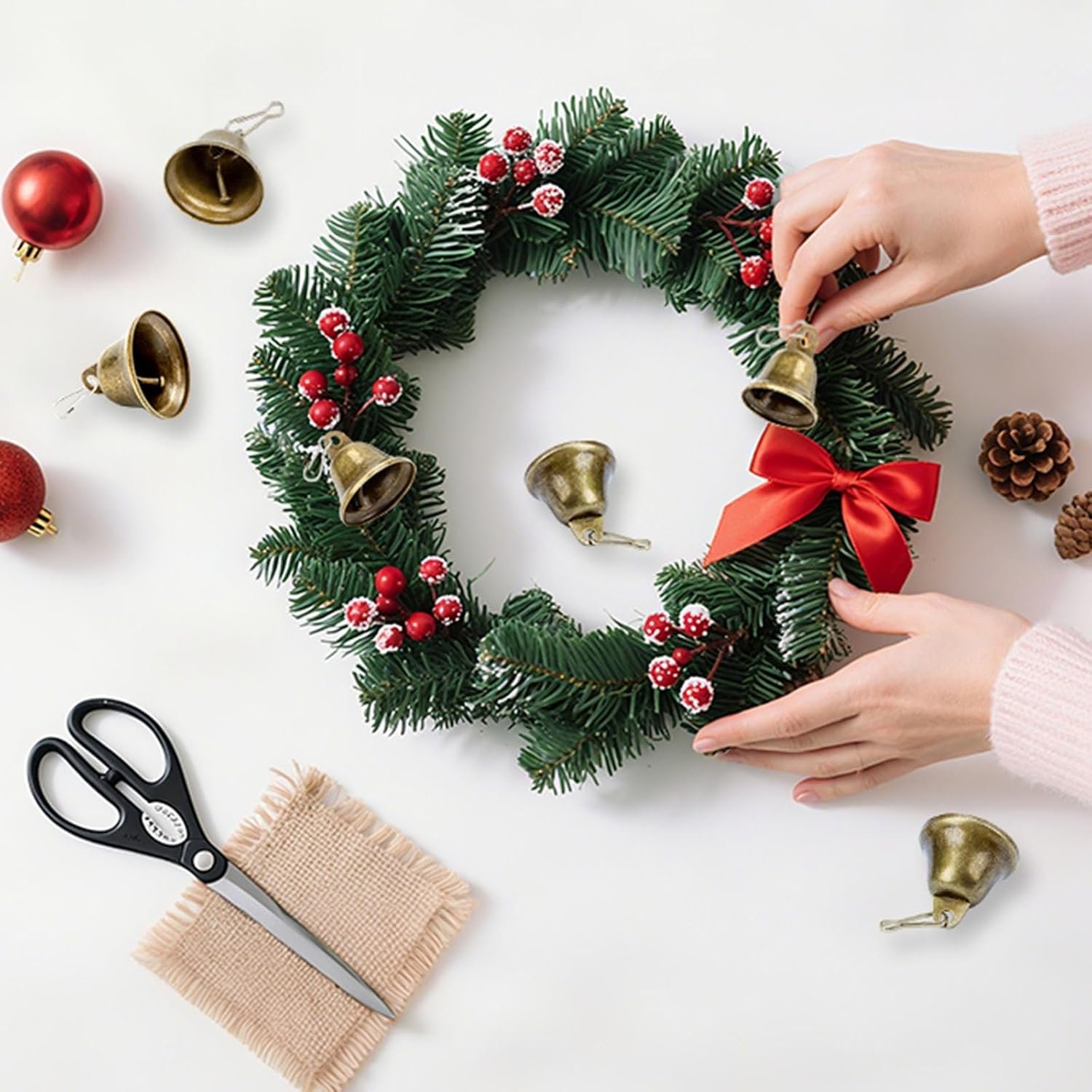 Wholesale 34PCS Small Brass Craft Bells with Spring Hooks for Homes Wedding Party Decorations Keychains Hanging Wind Chimes 1.7